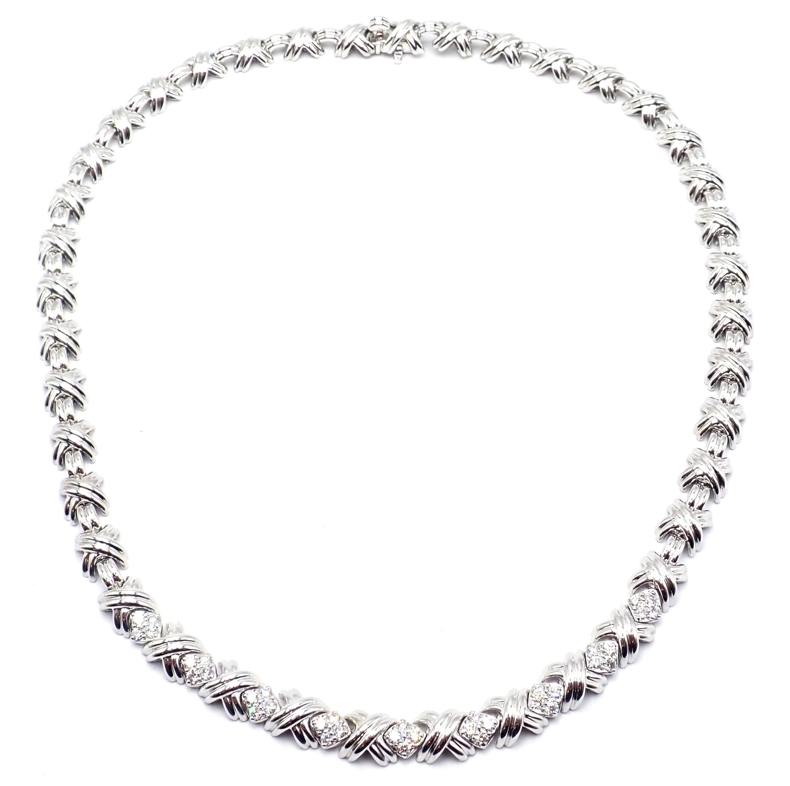 Authentic! Tiffany & Co 18k White Gold Diamond Cluster Signature X Link Necklace | Fortrove