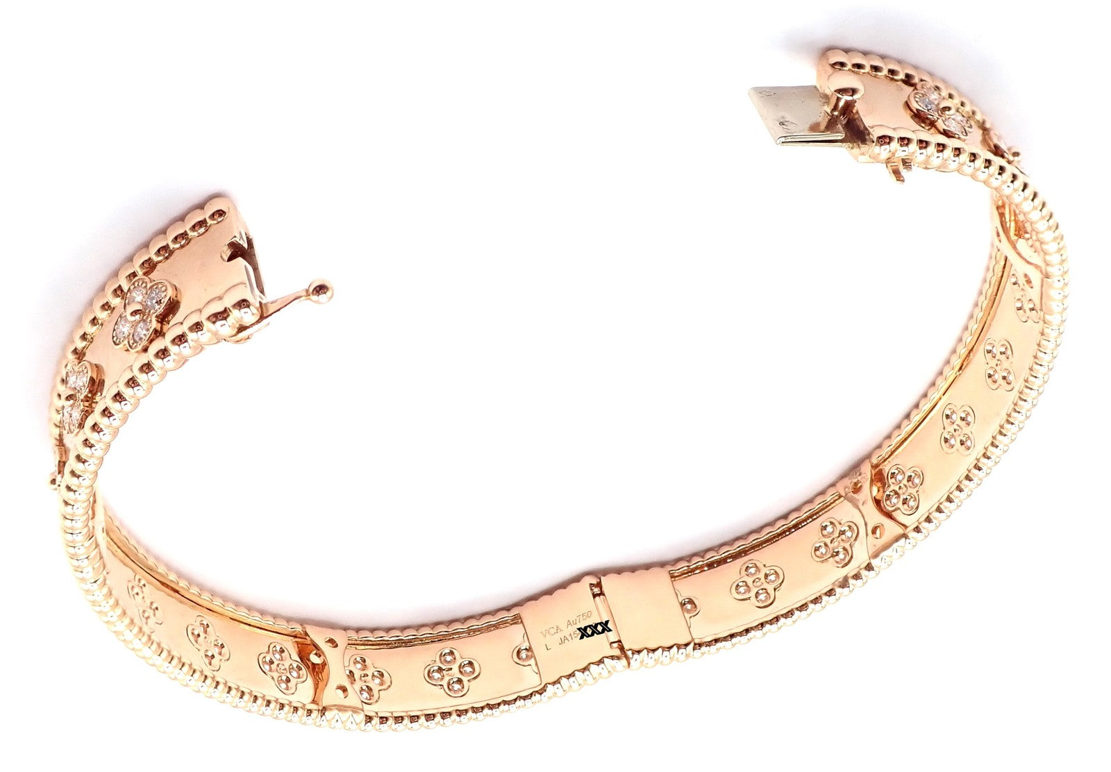 Authentic! Van Cleef & Arpels 18k Rose Gold Diamond Clovers Bangle Bracelet | Fortrove