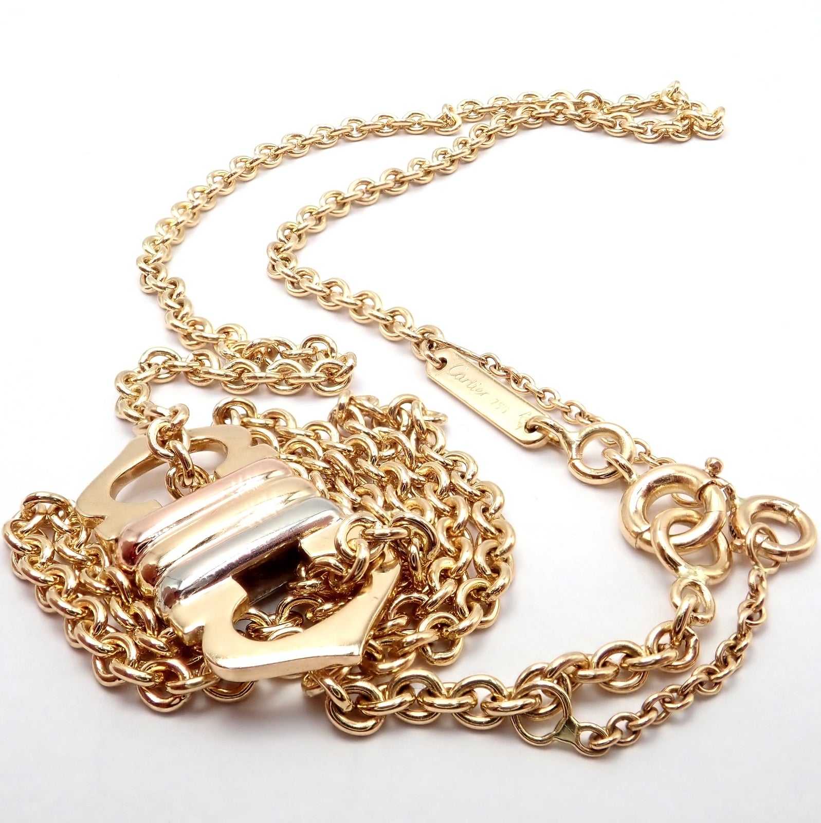 Authentic! Cartier 18k TriColor Gold Double C Charm Pendant Necklace | Fortrove