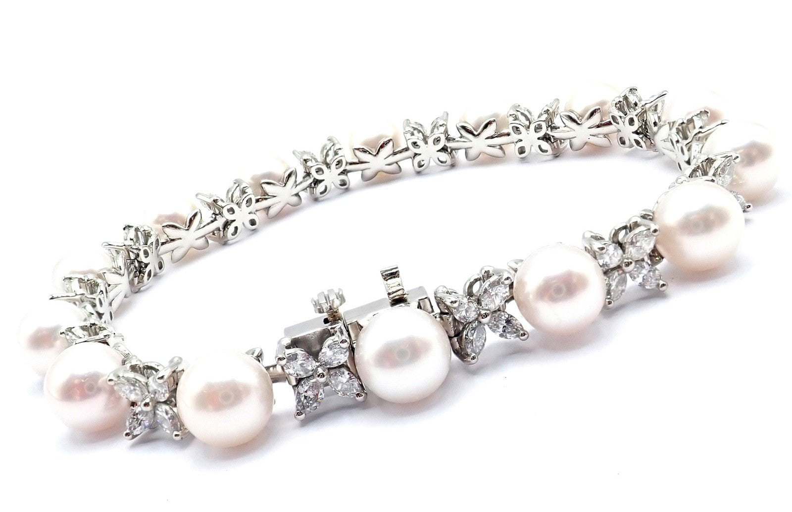 Tiffany & Co Victoria Platinum Diamond Akoya Cultured Pearl Line Tennis Bracelet | Fortrove