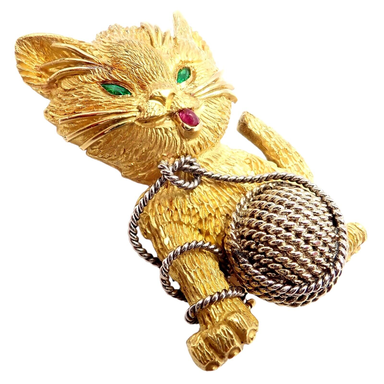 Vintage! Tiffany & Co. France 20k Yellow Gold Ruby Emerald Cat Yarn Pin Brooch | Fortrove