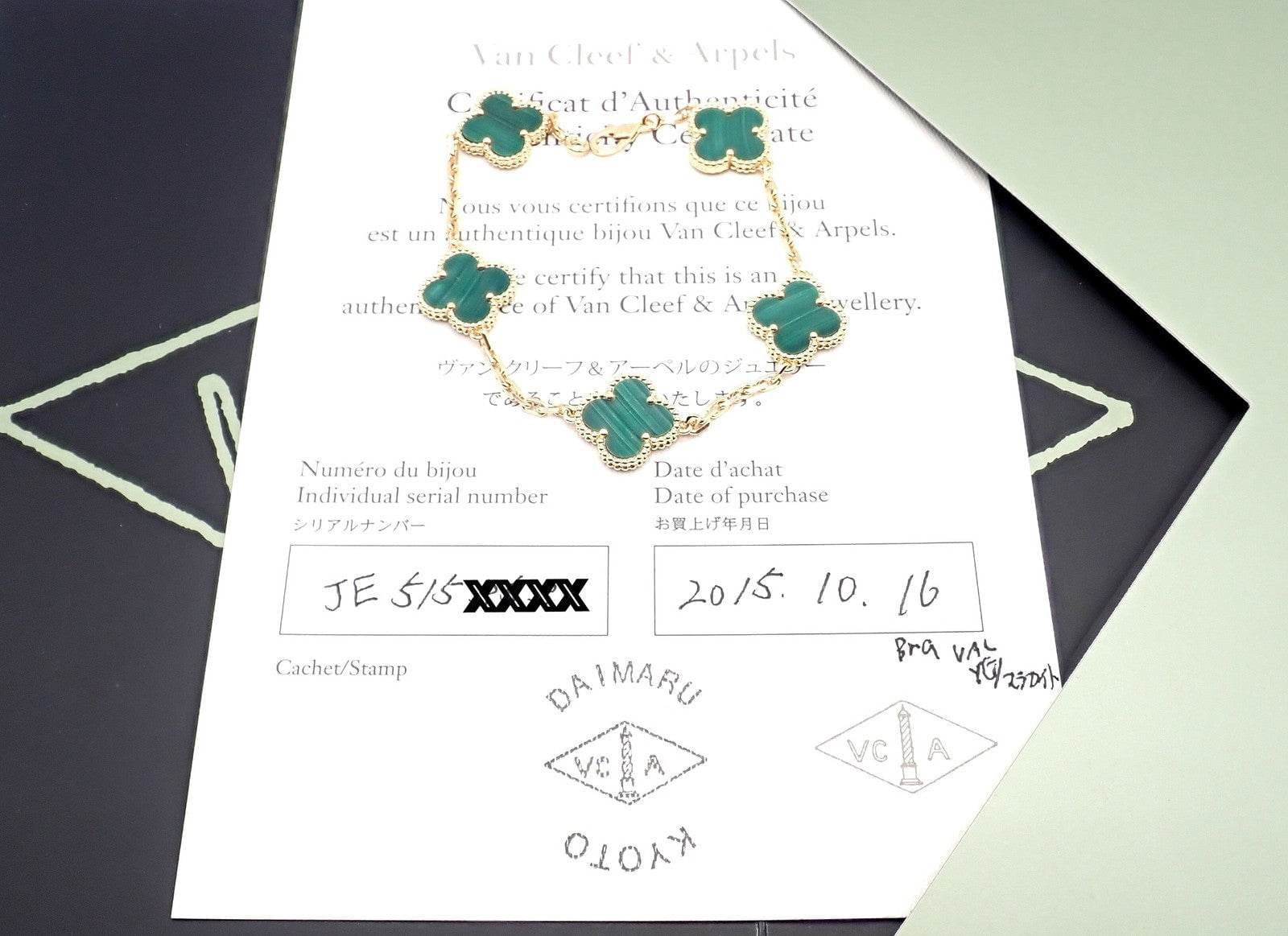 Van Cleef & Arpels Jewelry & Watches:Fine Jewelry:Bracelets & Charms Authentic! Van Cleef & Arpels 18k Gold 5 Motif Malachite Alhambra Bracelet Cert.
