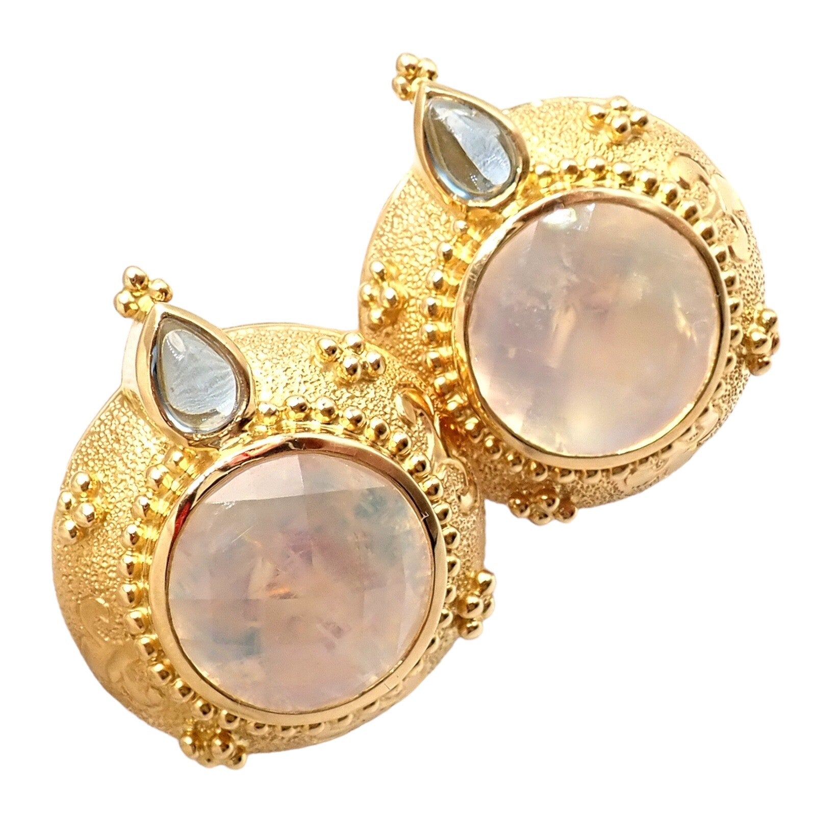 Rare! Vintage Paula Crevoshay 18k Gold Aquamarine Moonstone Round Earrings OOAK | Fortrove