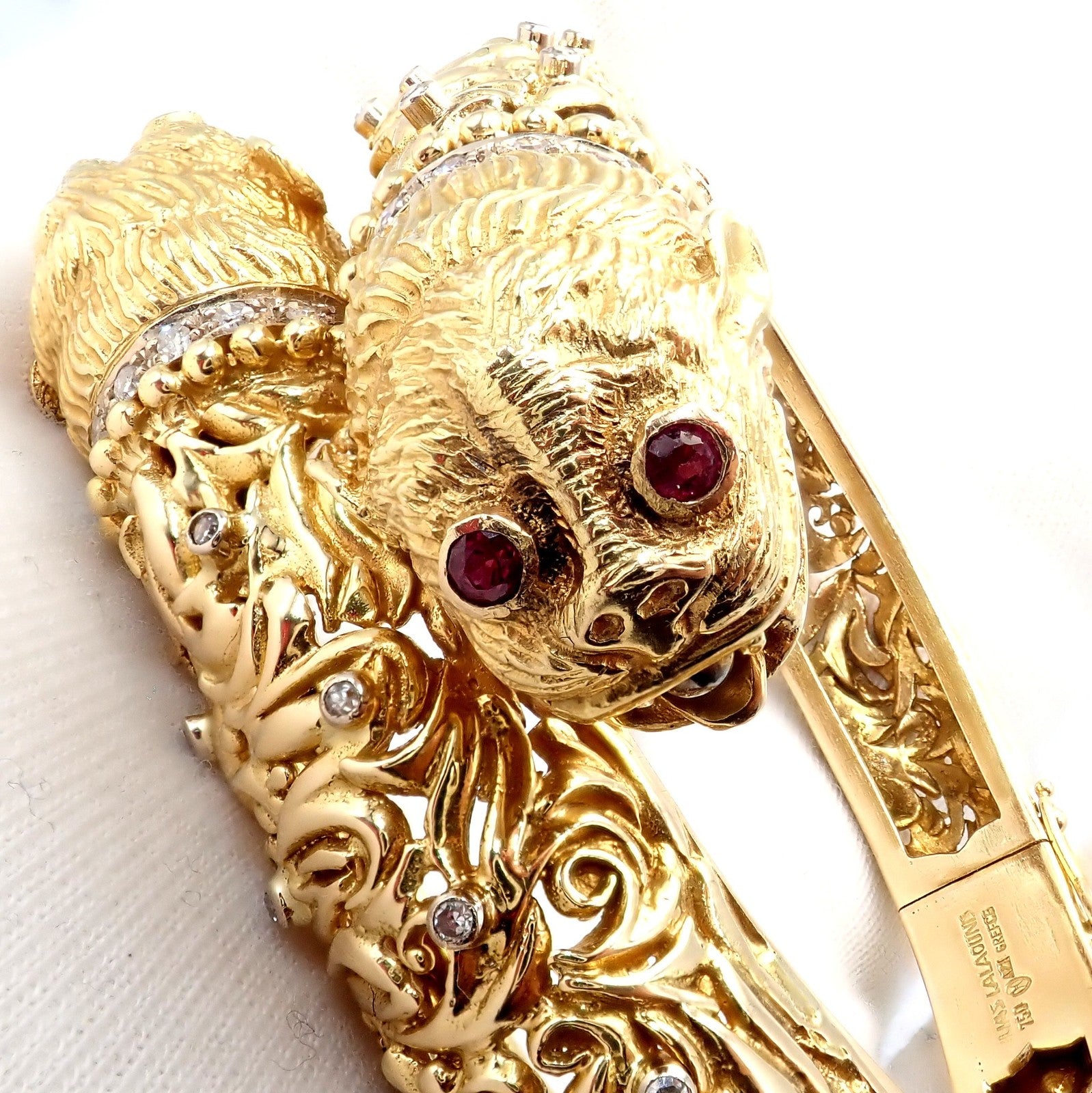 Rare Ilias Lalaounis 18k Yellow Gold Double Chimera Diamond Ruby Bangle Bracelet | Fortrove