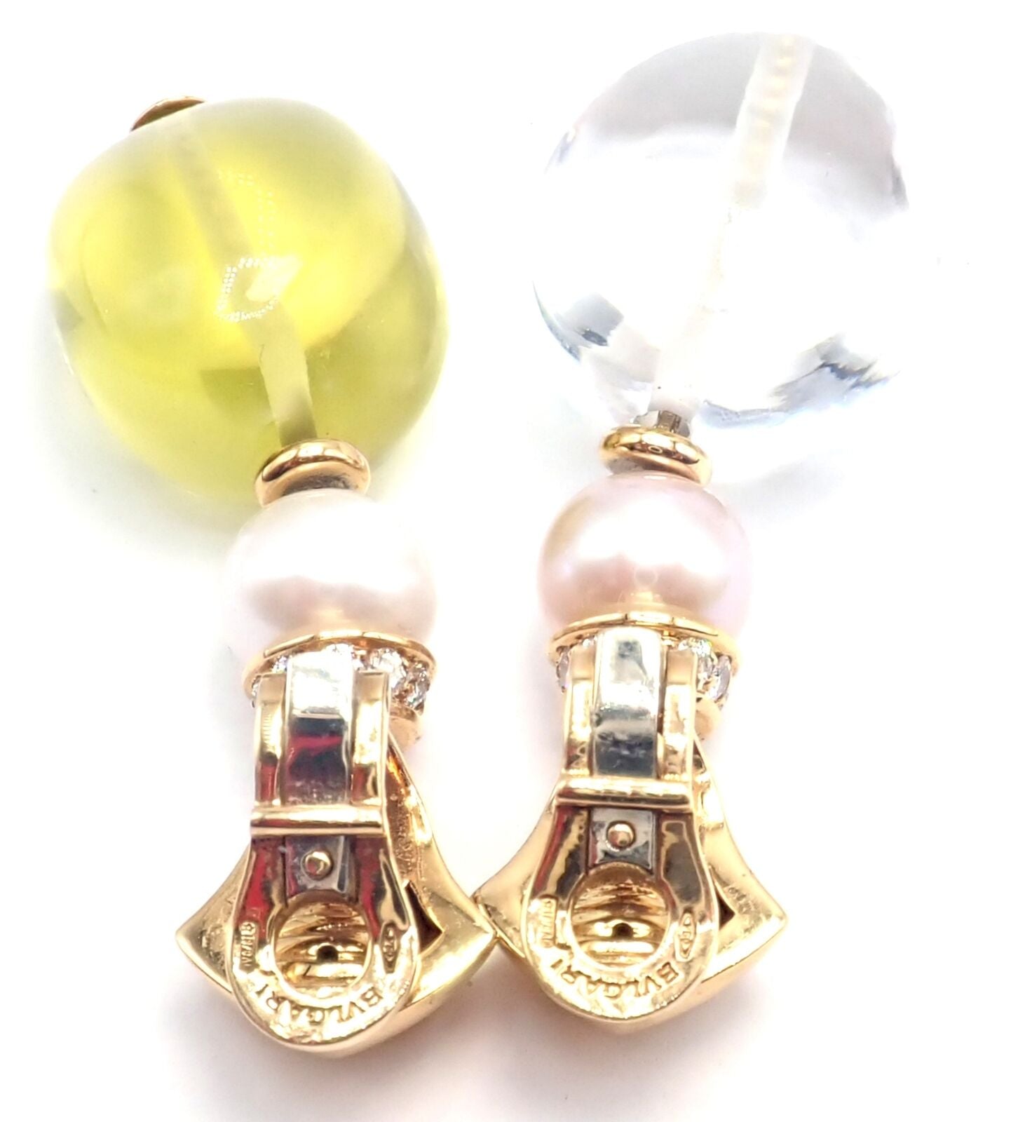 Authentic! Bulgari Bvlgari 18k Gold Diamond Pearl Peridot Crystal Drop Earrings | Fortrove