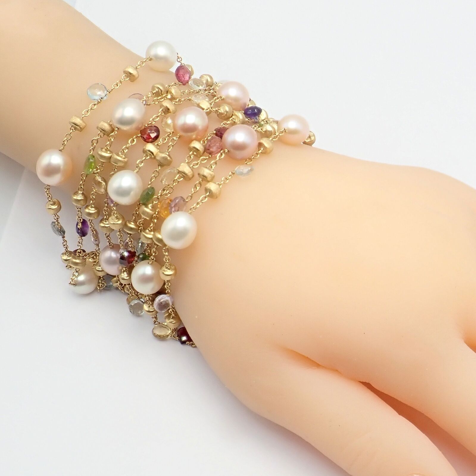 Marco Bicego 18k Yellow Gold Ten Stand Pearl Multicolor Stones Paradise Bracelet | Fortrove