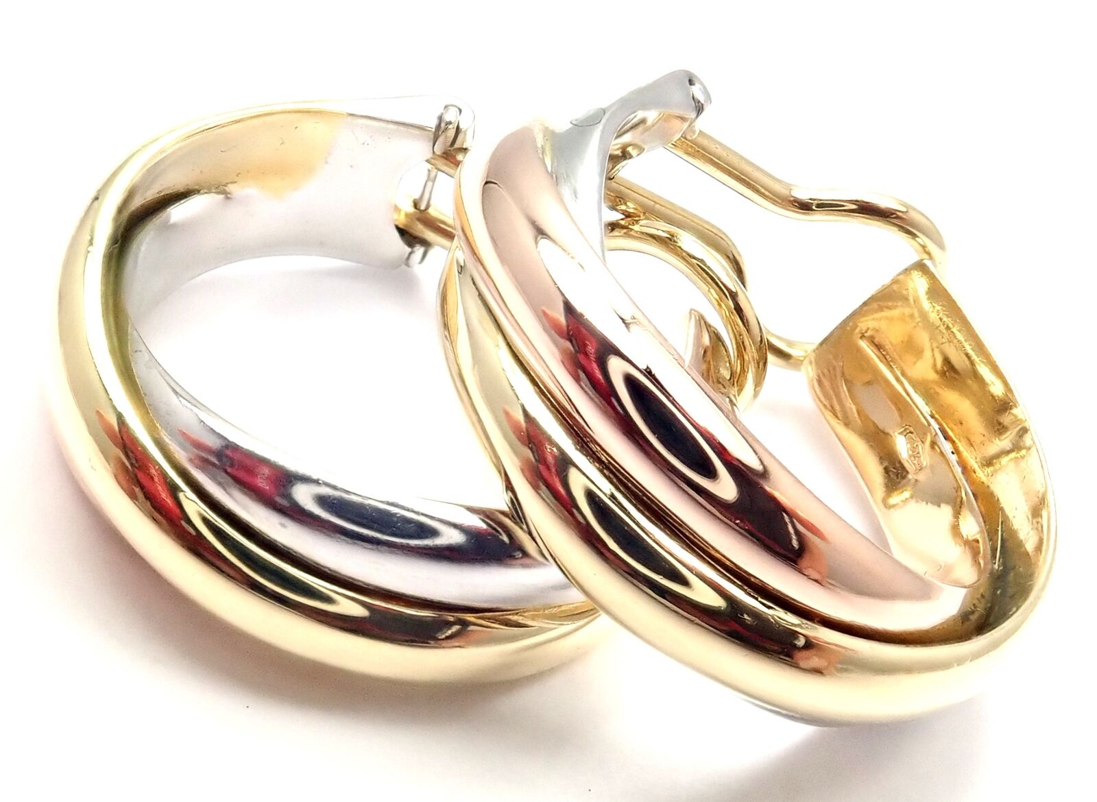 Authentic! Cartier 18k Tri-Color Gold Medium Size Trinity Hoop Earrings | Fortrove