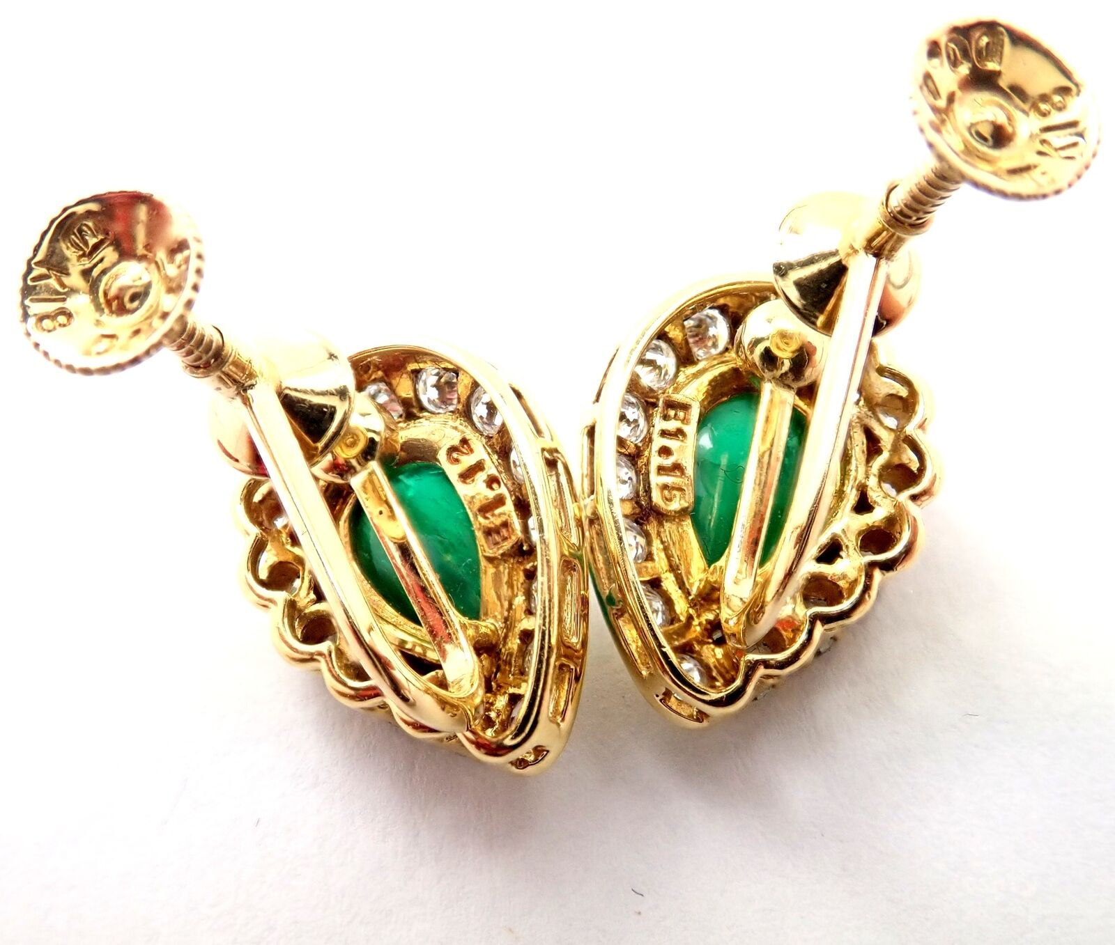 Authentic! Mikimoto 18k Yellow Gold Diamond Teardrop Emerald Screw Back Earrings | Fortrove