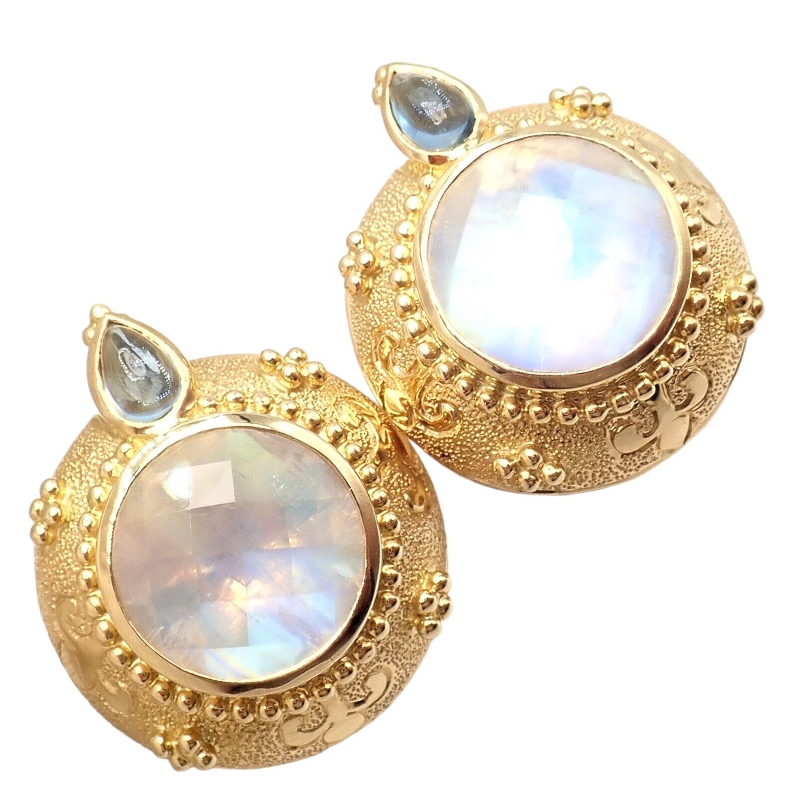 Rare! Vintage Paula Crevoshay 18k Gold Aquamarine Moonstone Round Earrings OOAK | Fortrove