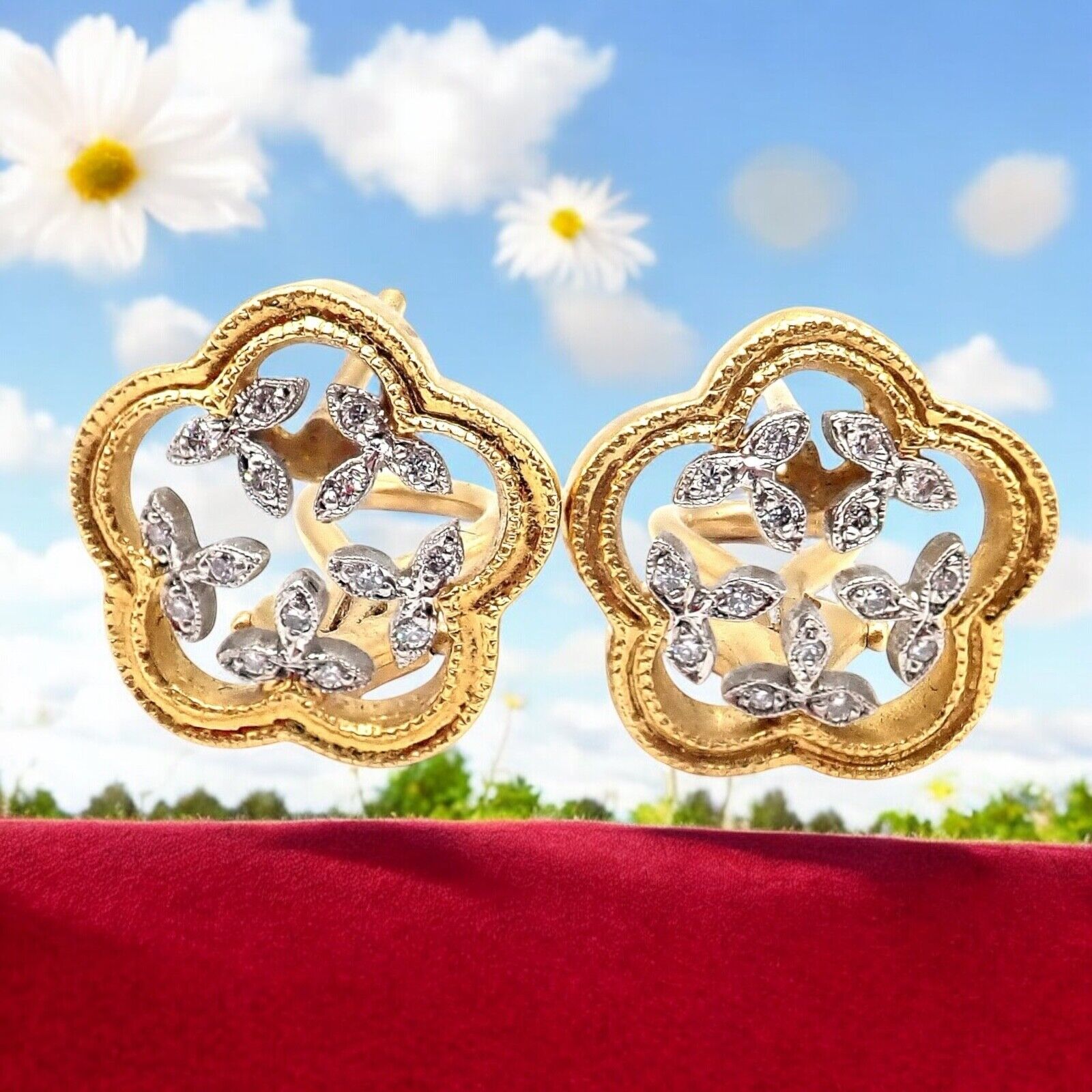 Authentic! Cathy Waterman 22k Yellow Gold Platinum Diamond Vine Flower Earrings | Fortrove