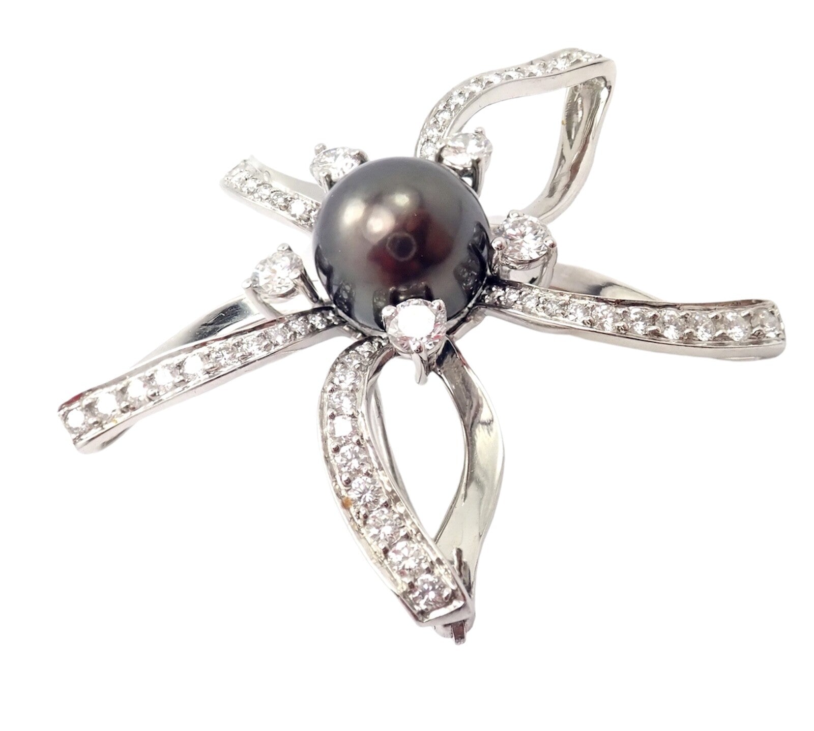 Rare! Authentic Mikimoto Platinum Diamond Tahitian South Sea Pearl Brooch Pin | Fortrove