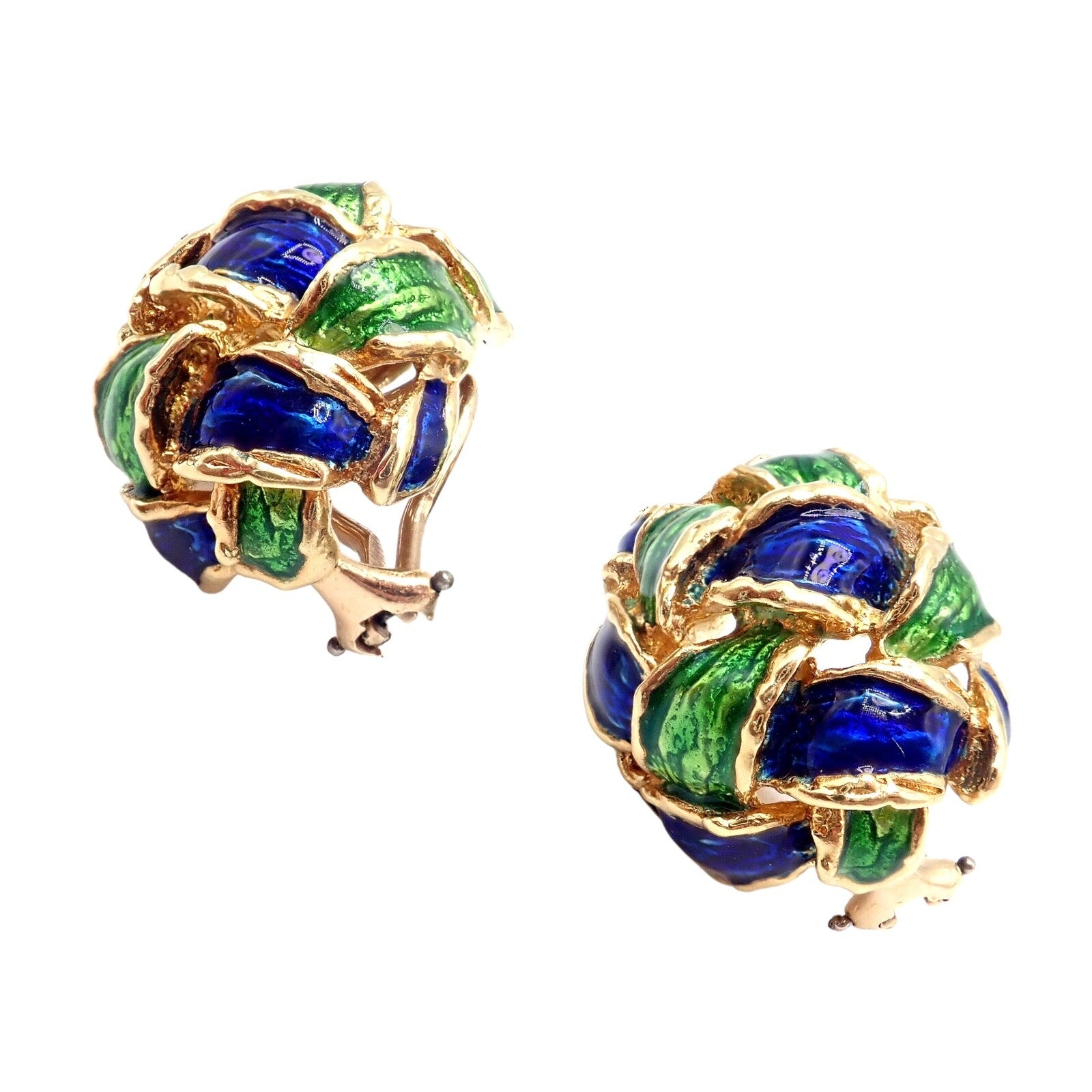 Vintage Tiffany & Co Green Blue Enamel 18k Yellow Gold Basket Weave Earrings | Fortrove