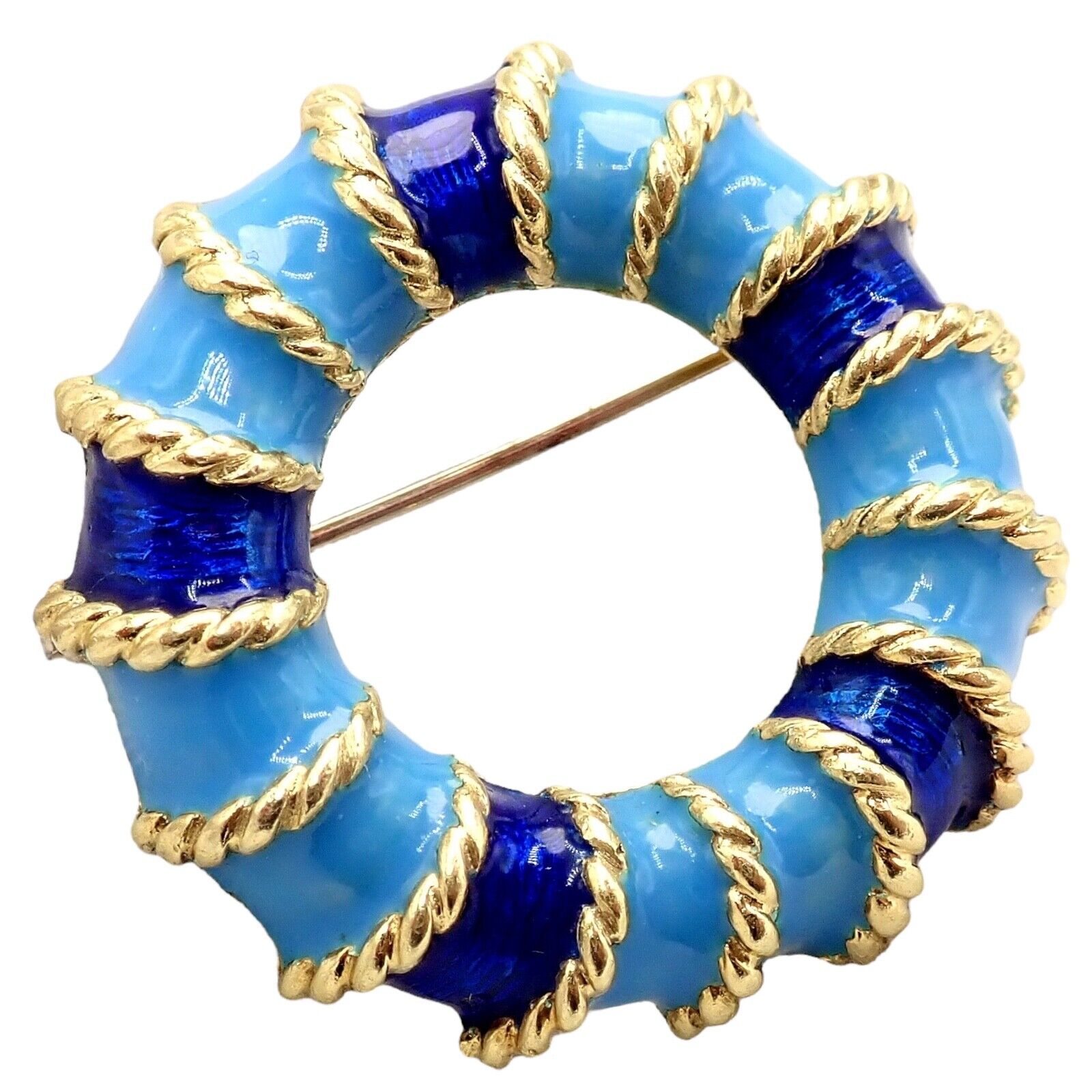 Rare! Vintage Tiffany & Co 18k Yellow Gold Blue Enamel Circle Rope Brooch Pin | Fortrove