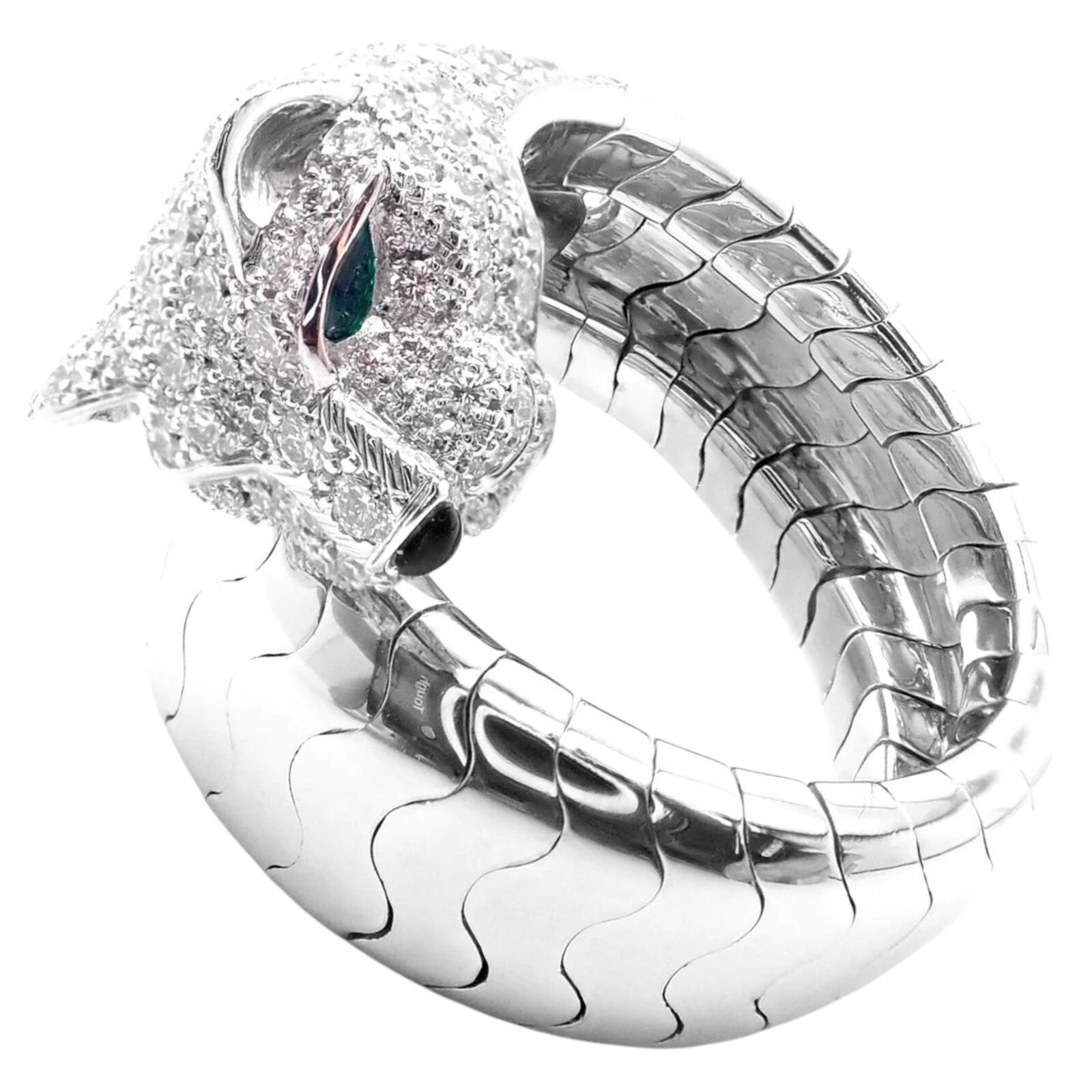 Cartier Jewelry & Watches:Fine Jewelry:Rings Authentic! Cartier Panther 18k White Gold Diamond Emerald Onyx Band Ring Cert.