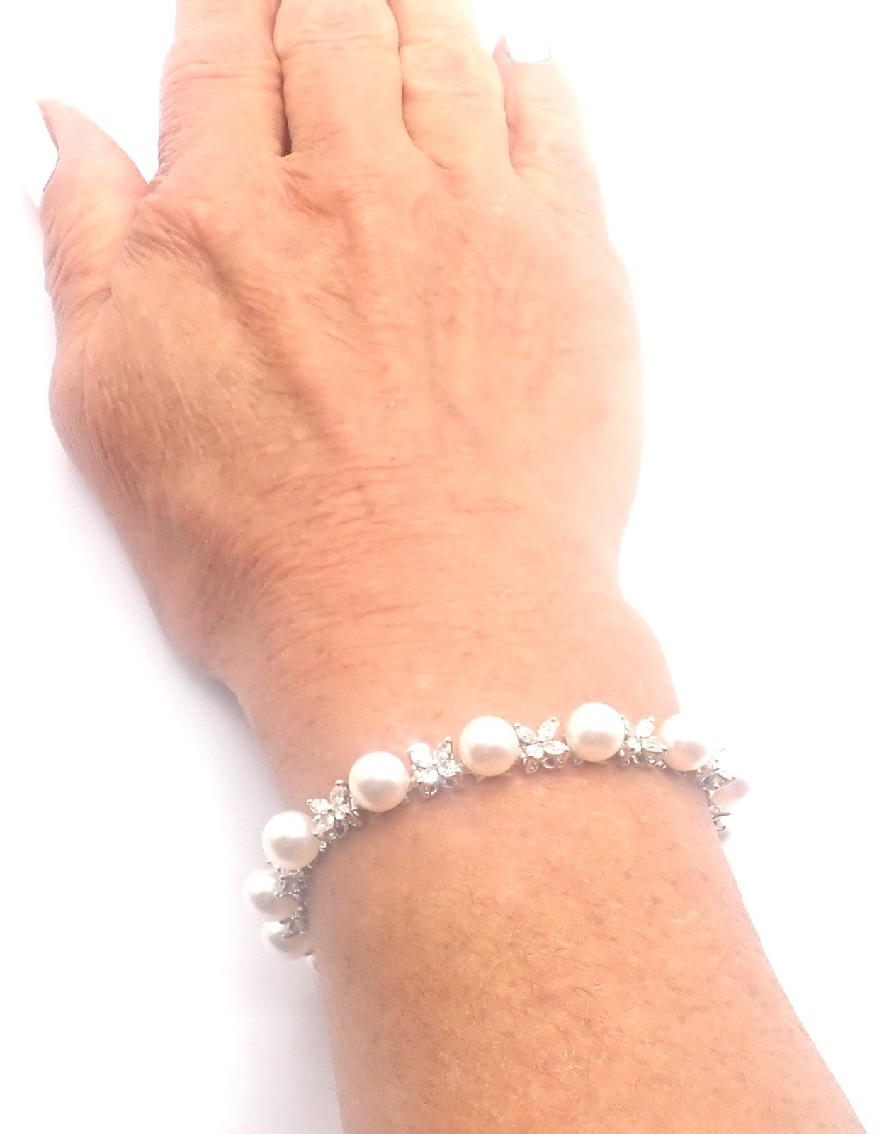 Tiffany & Co Victoria Platinum Diamond Akoya Cultured Pearl Line Tennis Bracelet | Fortrove