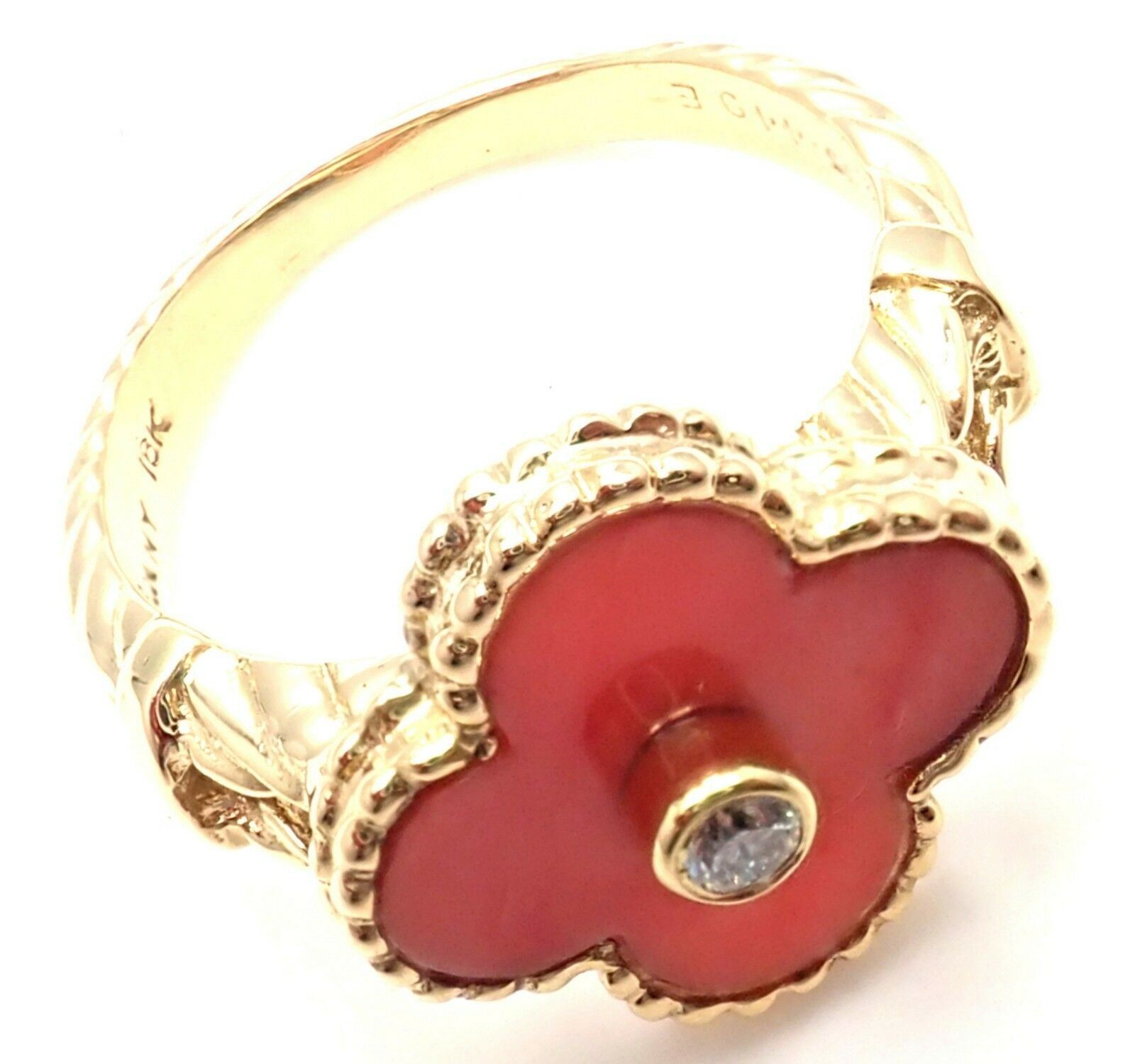Van Cleef & Arpels Jewelry & Watches:Fine Jewelry:Rings Rare! Authentic Van Cleef & Arpels Alhambra 18k Yellow Gold Coral Diamond Ring
