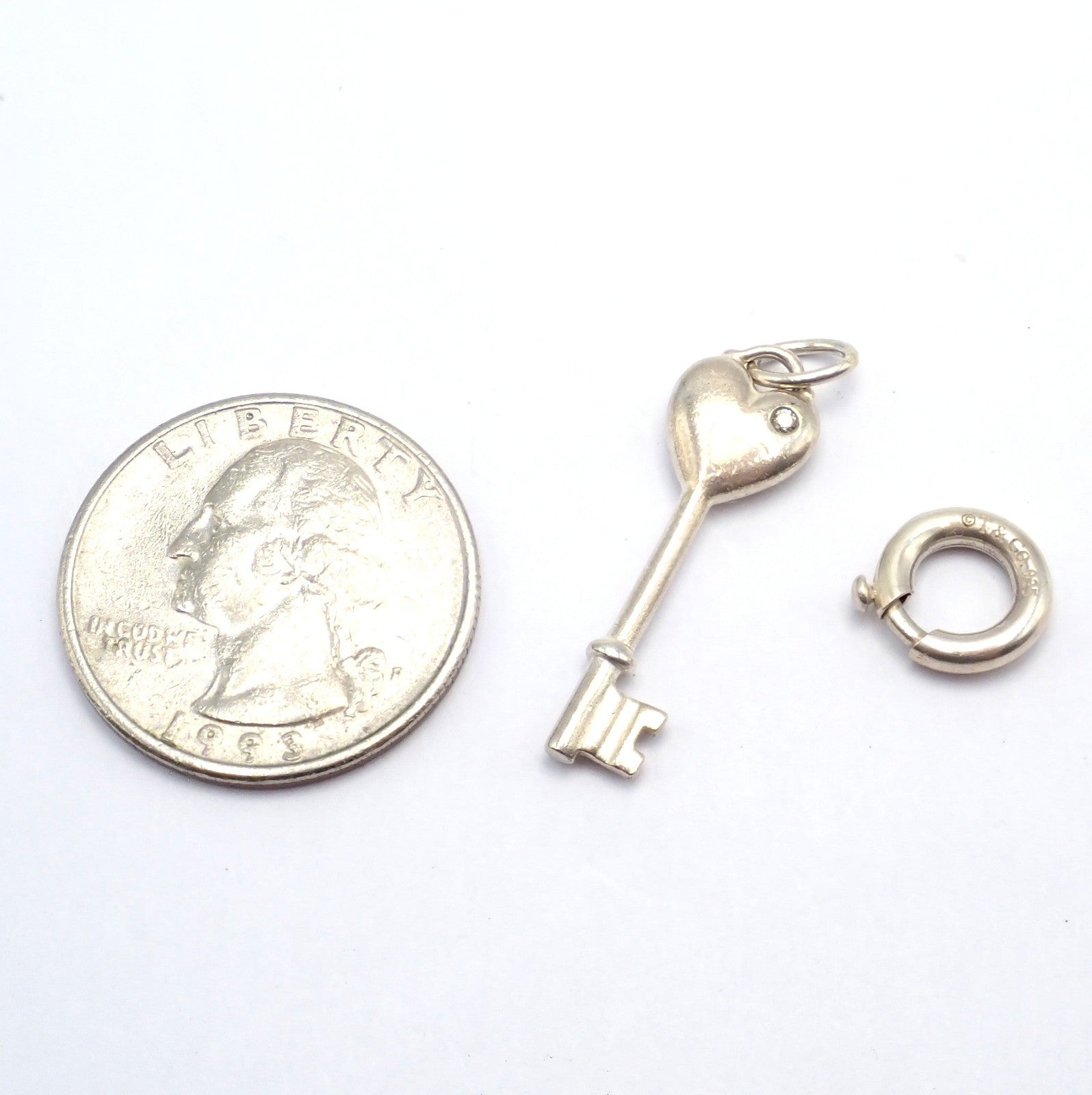 Tiffany & Co. Silver Diamond Key Heart Charm Pendant + Spring Ring Clasp | Fortrove