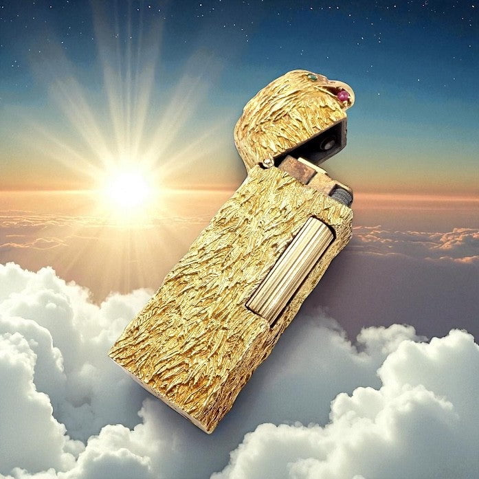 Dunhill Collectibles:Tobacciana:Lighters:Dunhill Vintage Dunhill 18k Yellow Gold Ruby Emerald Eagle Rollagas Lighter 1950's