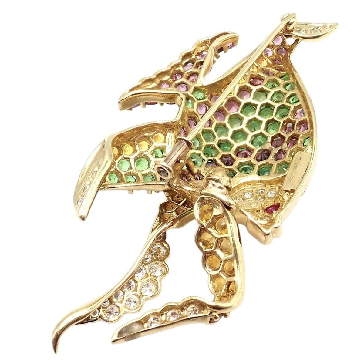 Jean Vitau Jewelry & Watches:Fine Jewelry:Brooches & Pins Authentic! Rare Jean Vitau 18k Yellow Gold Diamond Color Stone Angel Fish Brooch