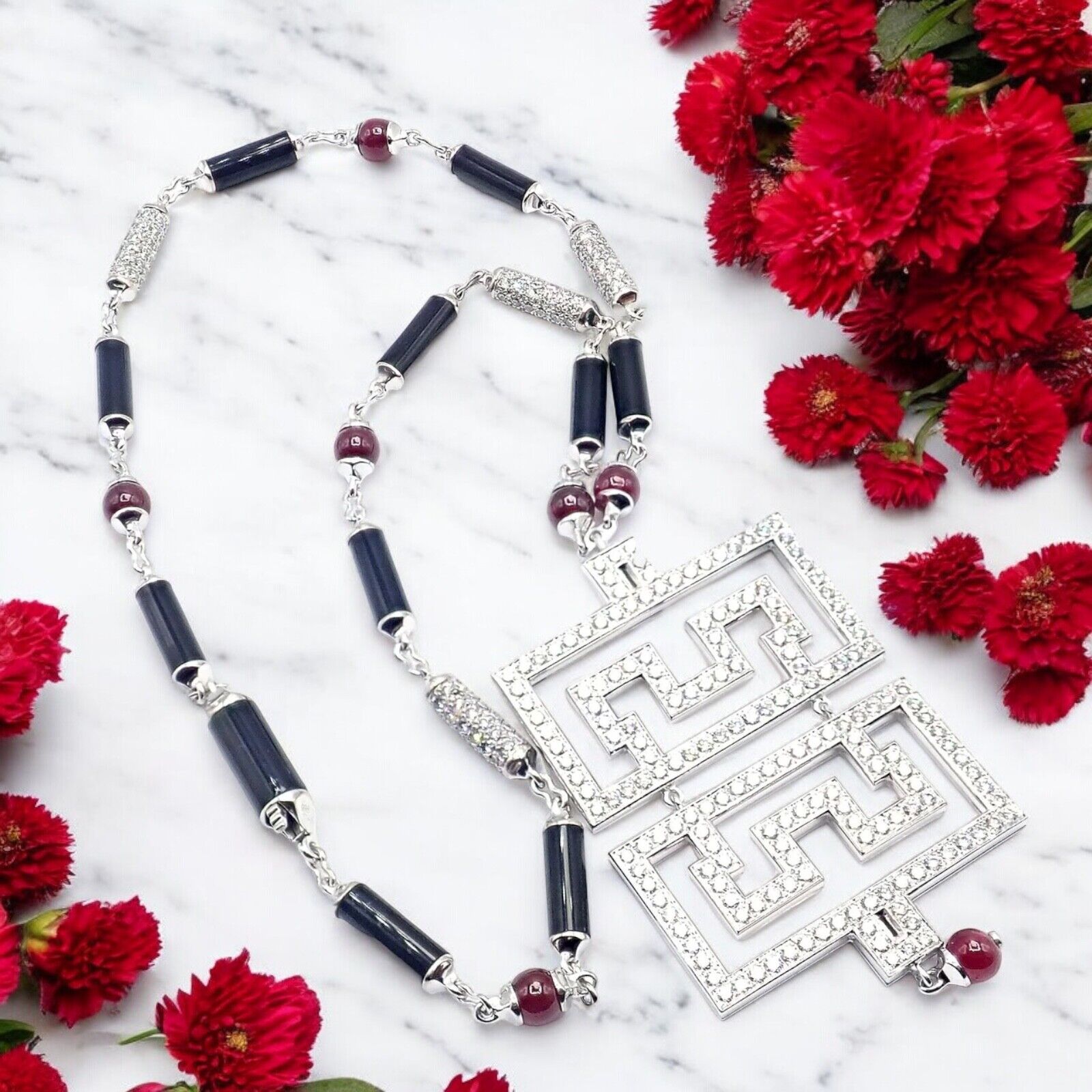 Cartier Le Baiser Du Dragon 18k White Gold Onyx Ruby Diamond Pendant Necklace | Fortrove