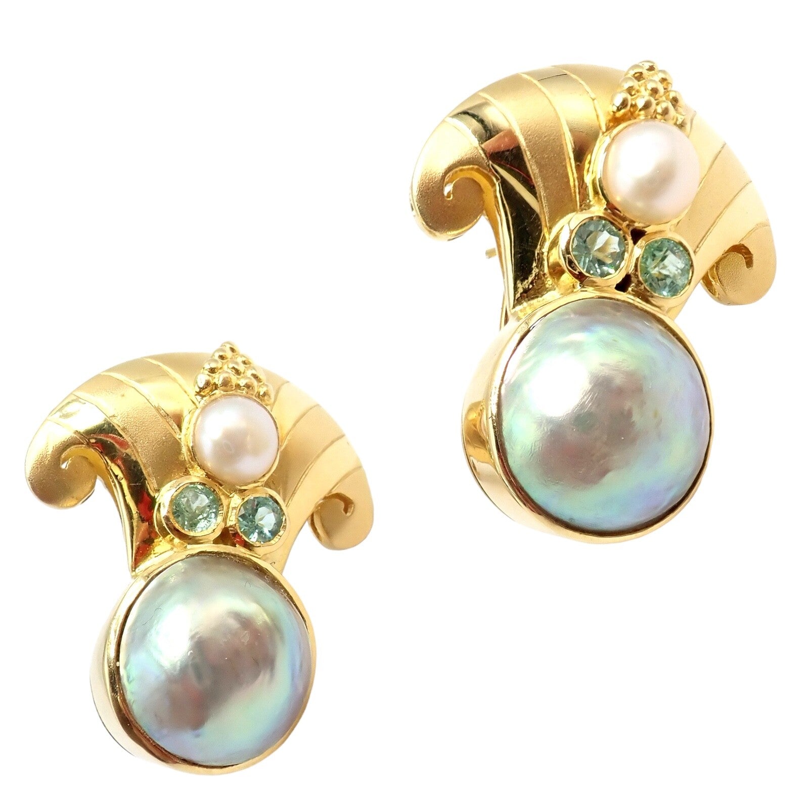 Rare! Vintage Paula Crevoshay 18k Gold Abalone Pearl Blue Gemstone Earrings OOAK | Fortrove