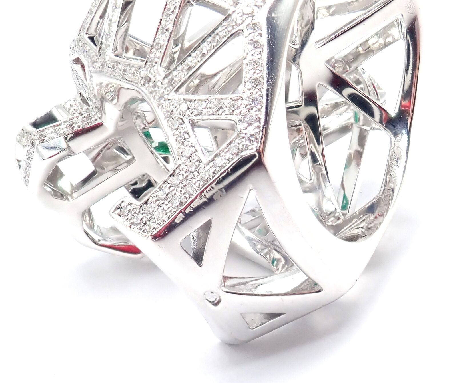 Cartier Panther Panthere 18k White Gold Emerald Diamond Paved Large Ring Size 54 | Fortrove
