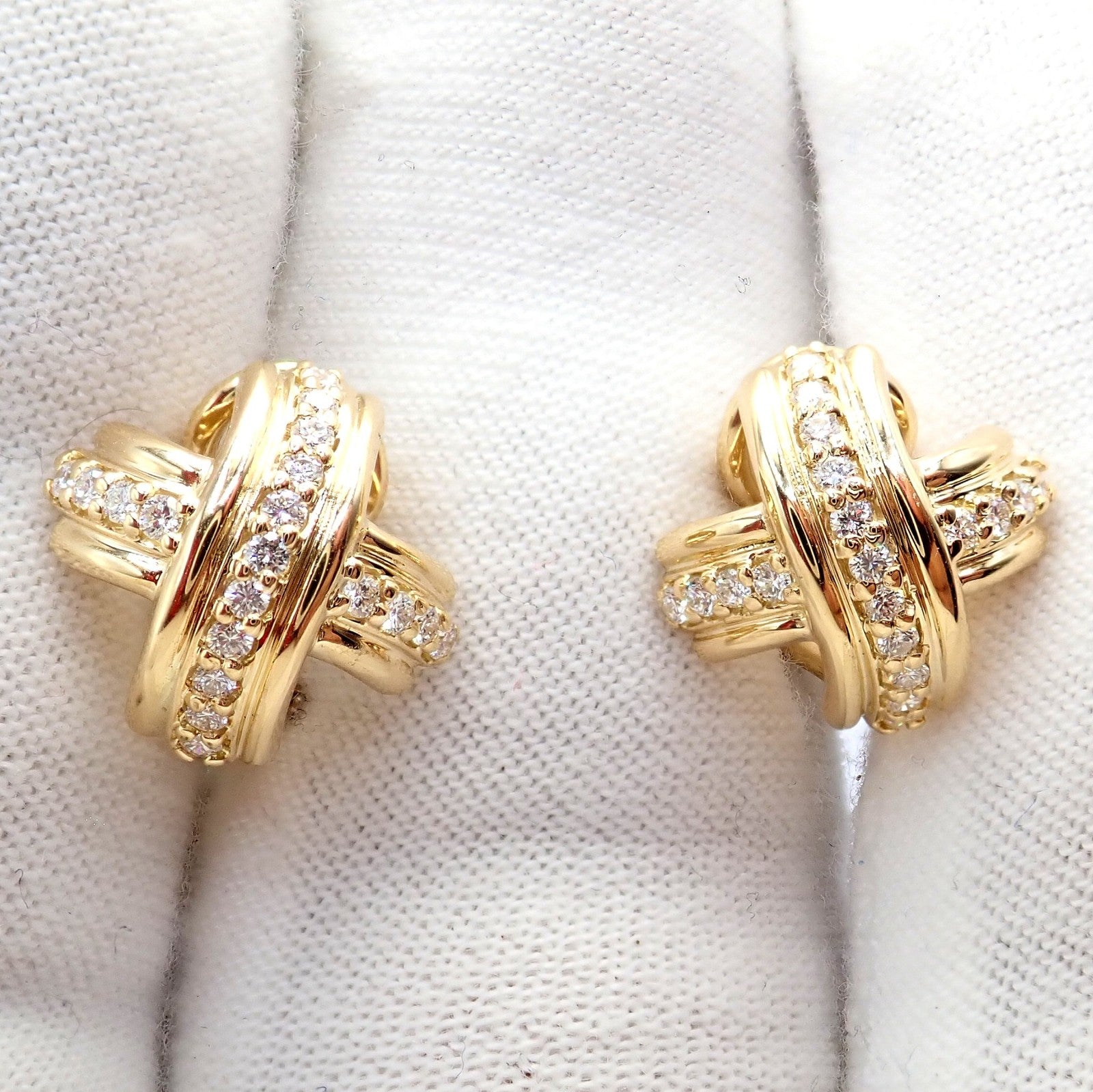 Authentic! Tiffany & Co 18k Yellow Gold Classic Signature X Diamond Earrings | Fortrove