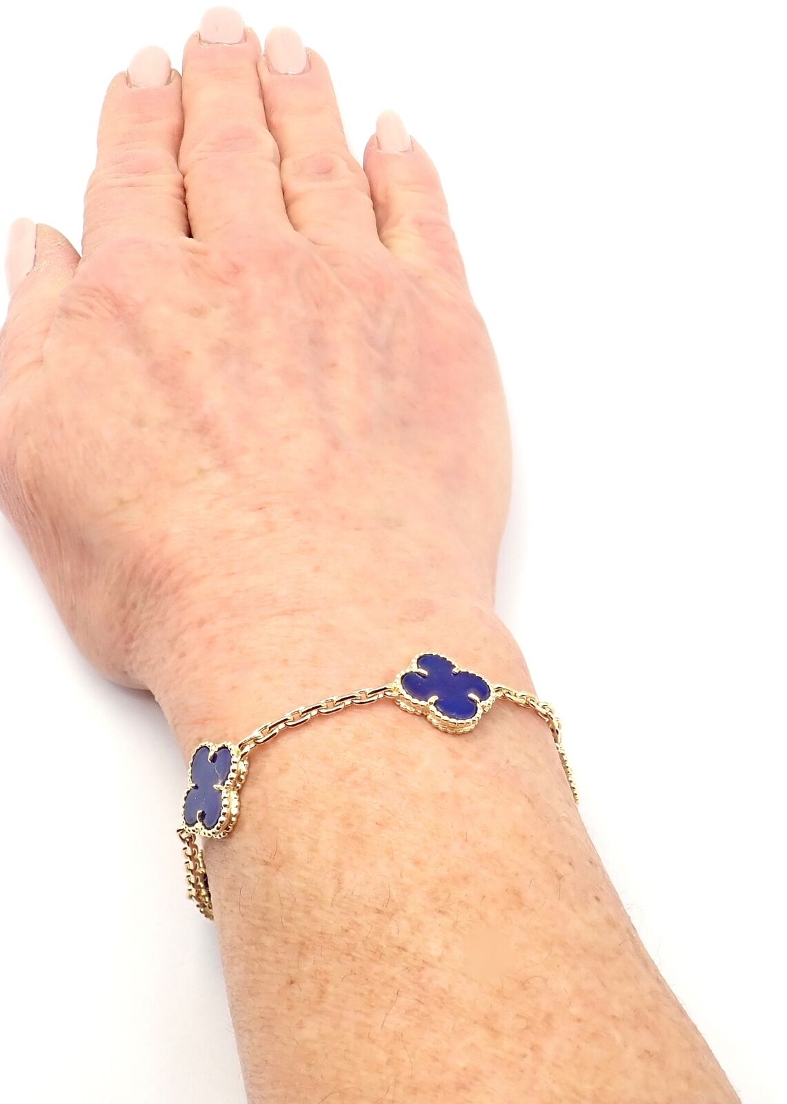 Authentic! Van Cleef & Arpels 18k Gold 5 Motif Alhambra Lapis Bracelet Paper | Fortrove
