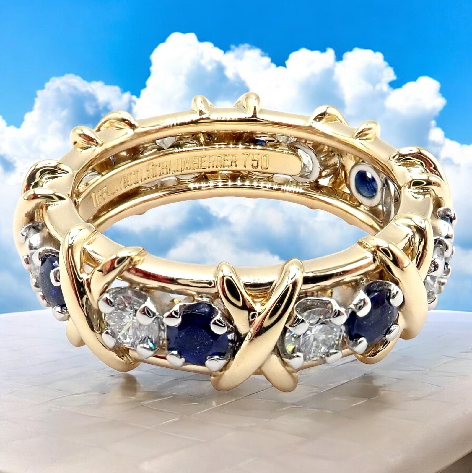 Tiffany & Co Schlumberger 18k Gold Platinum 16 Stone Diamond Sapphire Band Ring | Fortrove