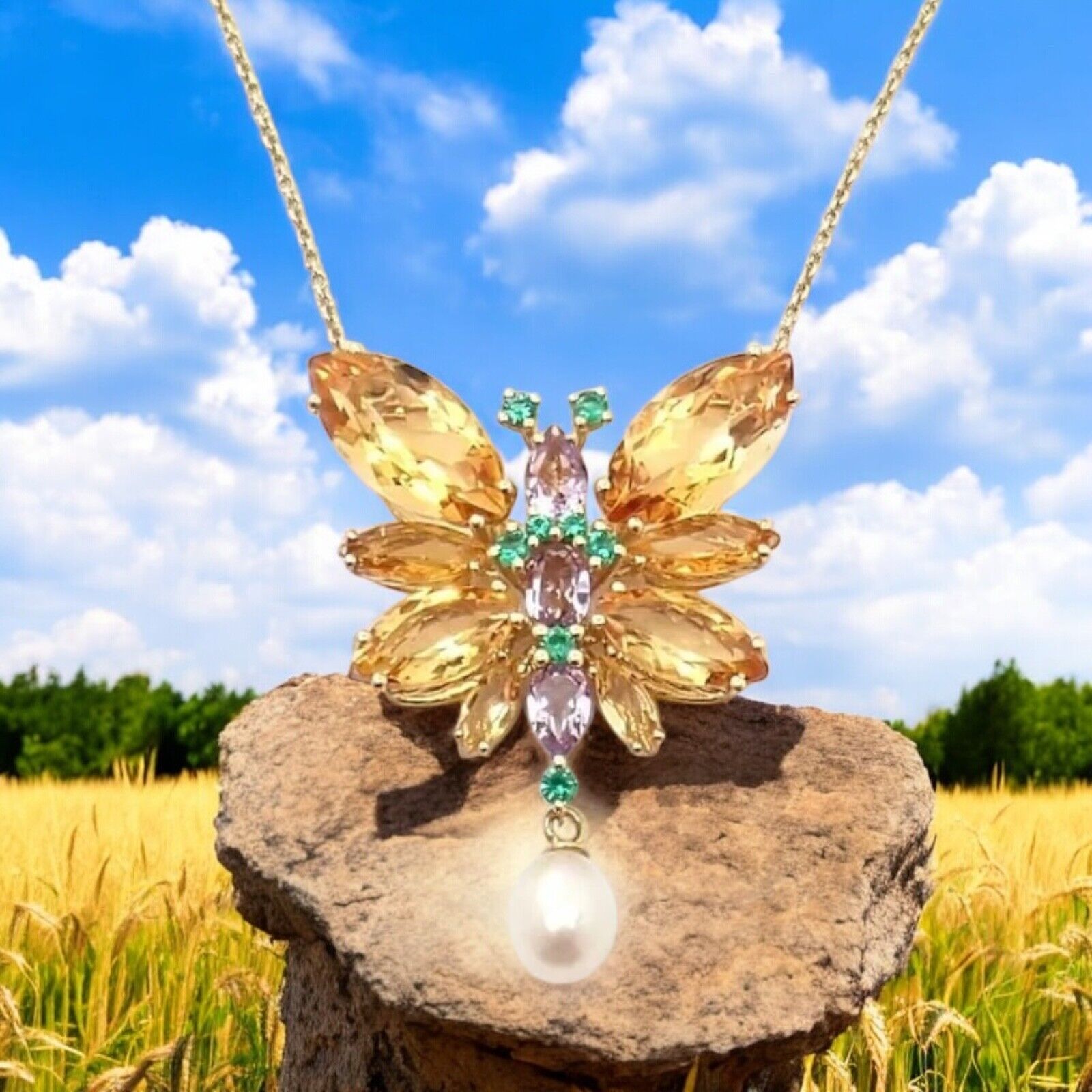 Authentic! Dolce & Gabbana Spring 18k Yellow Gold Citrine Butterfly Necklace | Fortrove