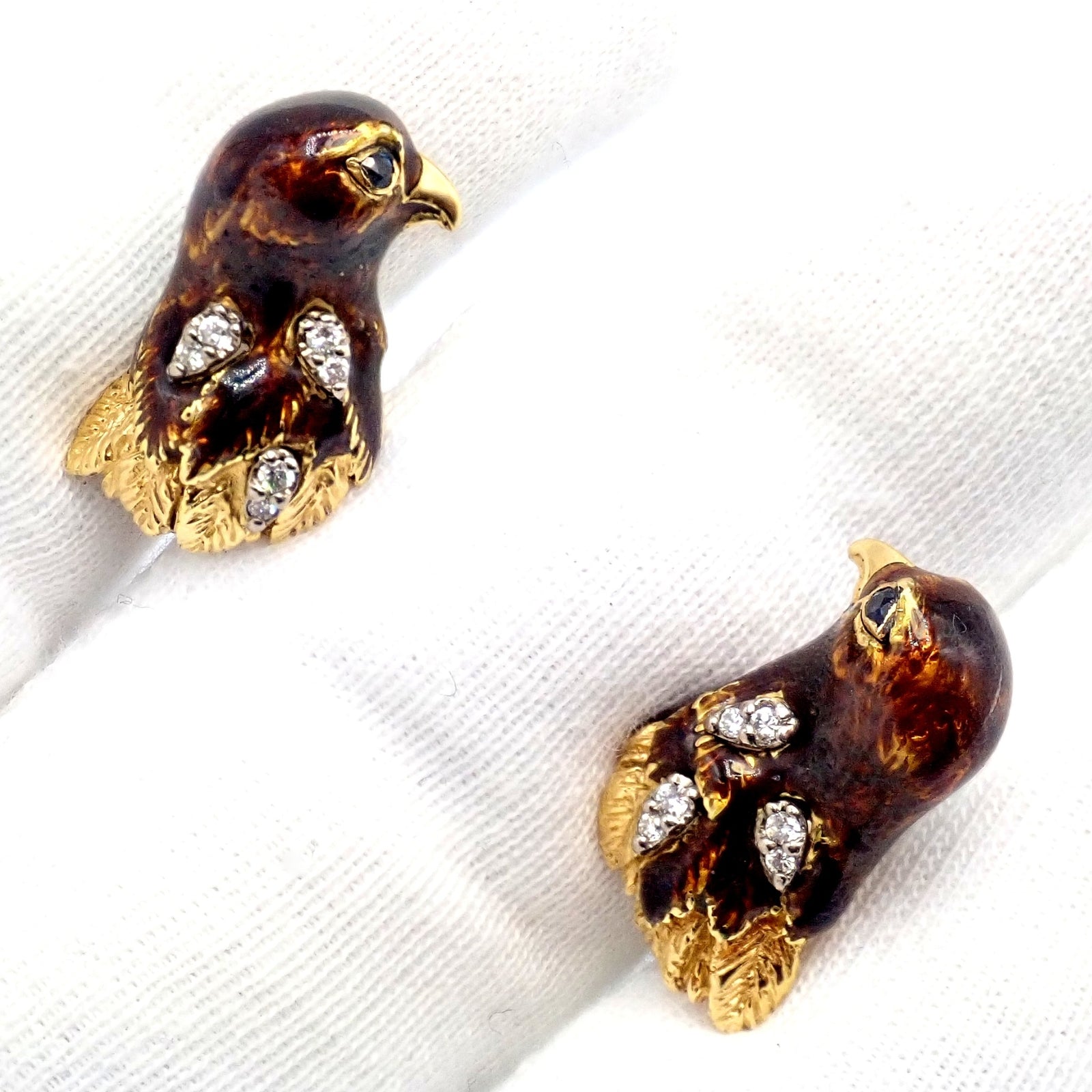 Vintage Tiffany & Co. 18k Yellow Gold Diamond Enamel Falcon Eagle Bird Cufflinks | Fortrove