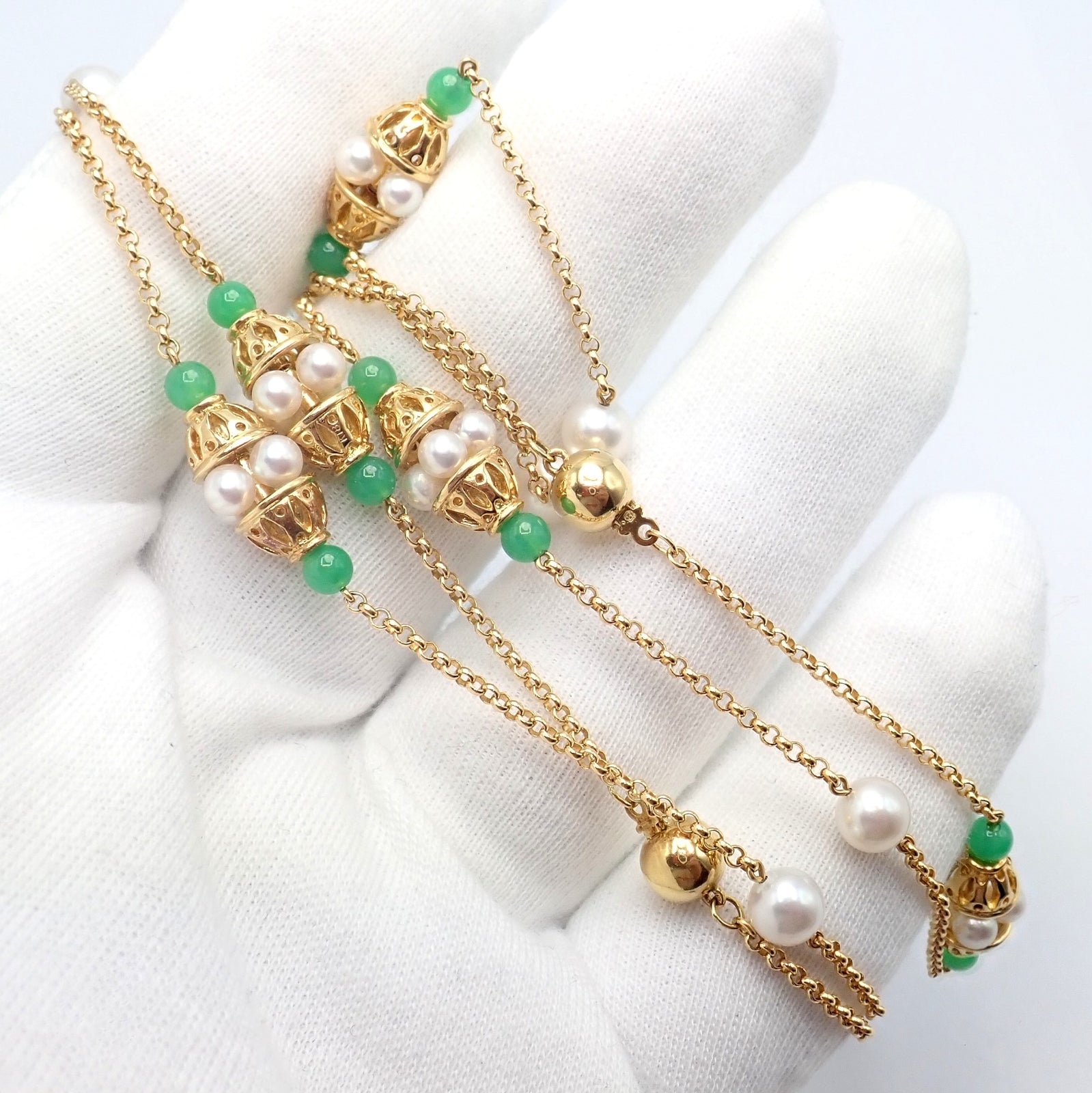 Vintage! Mikimoto 18k Yellow Gold Pearl Chalcedony 32" Long Necklace | Fortrove