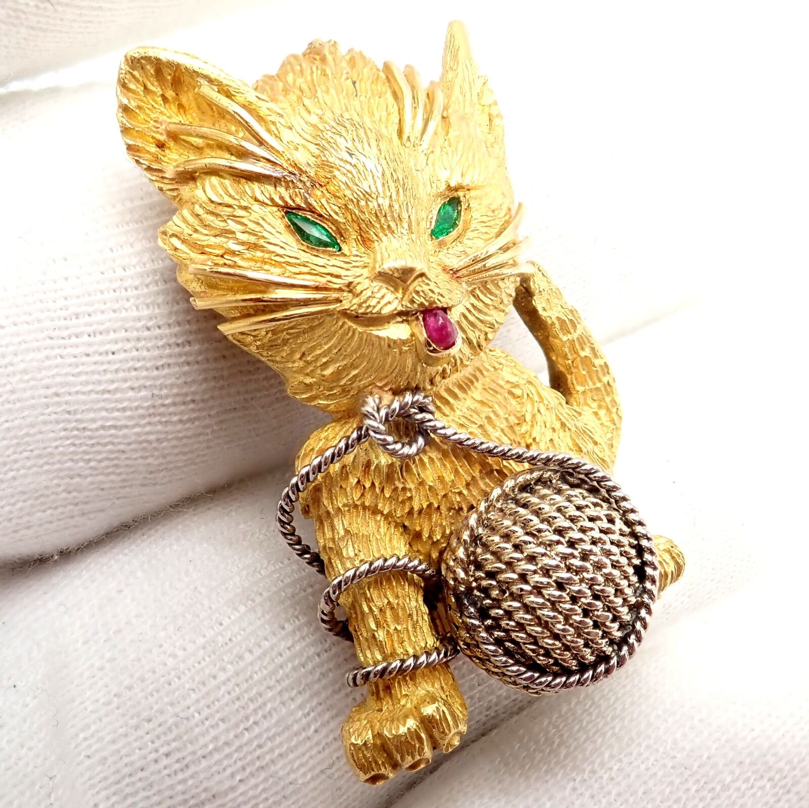 Vintage! Tiffany & Co. France 20k Yellow Gold Ruby Emerald Cat Yarn Pin Brooch | Fortrove
