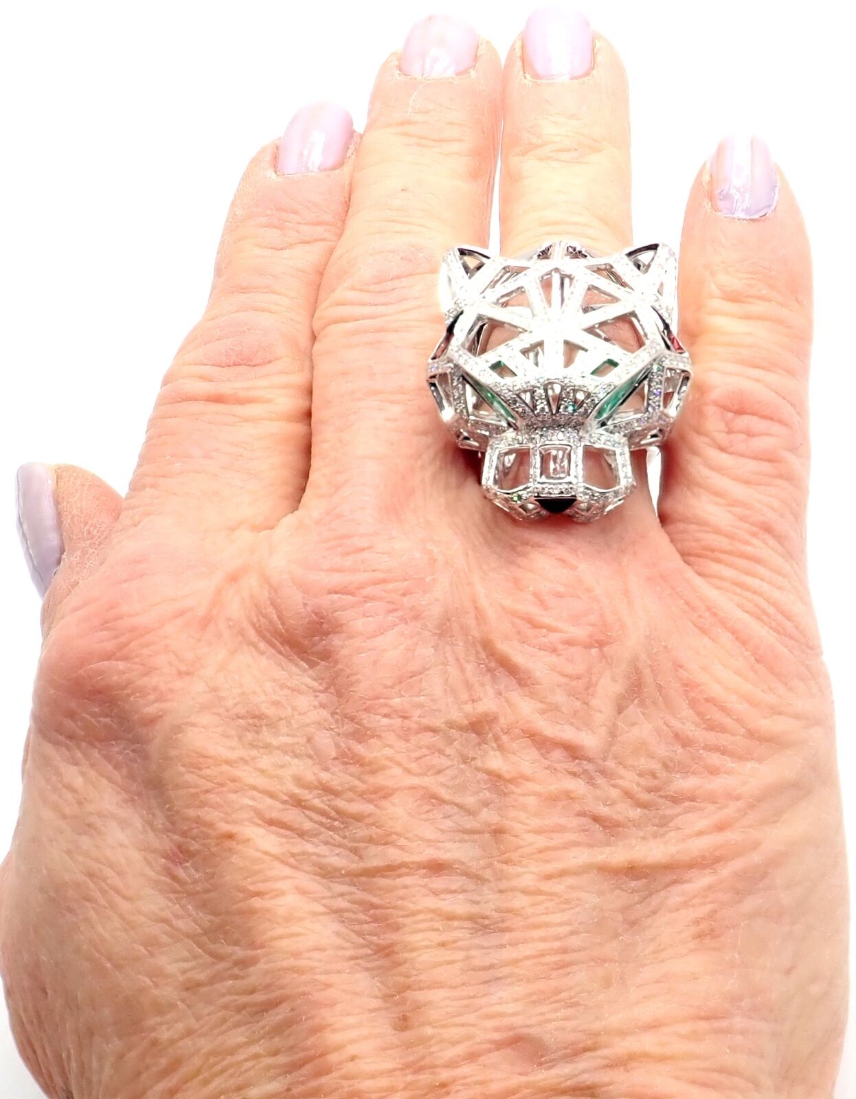 Cartier Panther Panthere 18k White Gold Emerald Diamond Paved Large Ring Size 54 | Fortrove