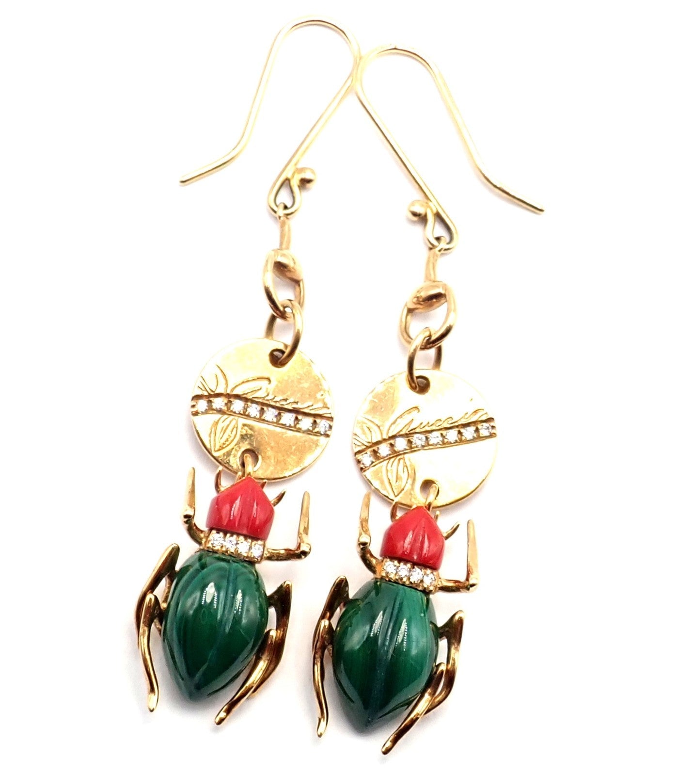 Authentic! Gucci 18k Yellow Gold Diamond Malachite Carnelian Scarab Earrings | Fortrove