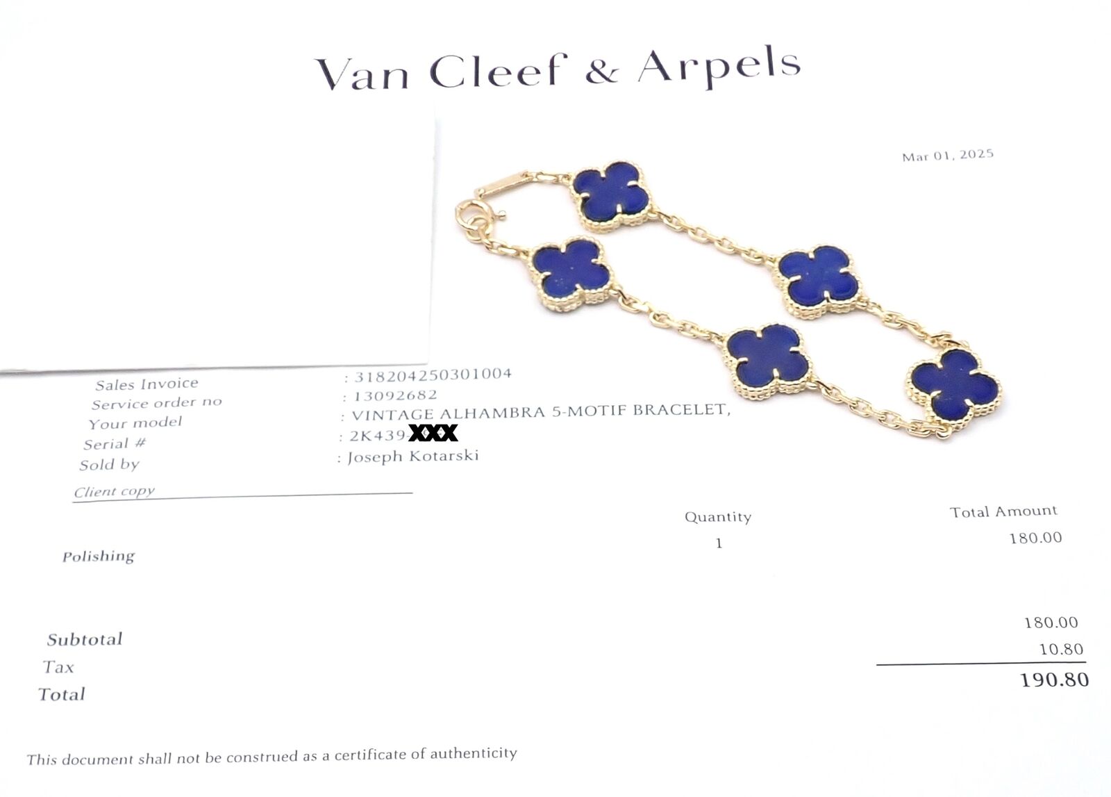 Authentic! Van Cleef & Arpels 18k Gold 5 Motif Alhambra Lapis Bracelet Paper | Fortrove