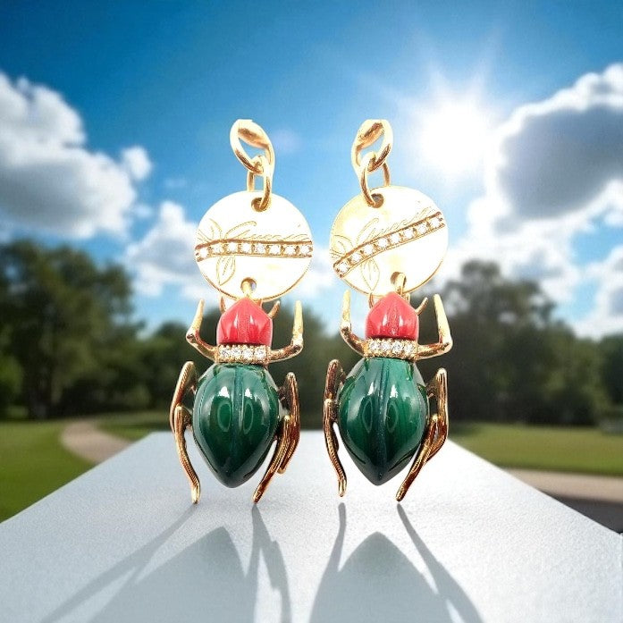 Authentic! Gucci 18k Yellow Gold Diamond Malachite Carnelian Scarab Earrings | Fortrove