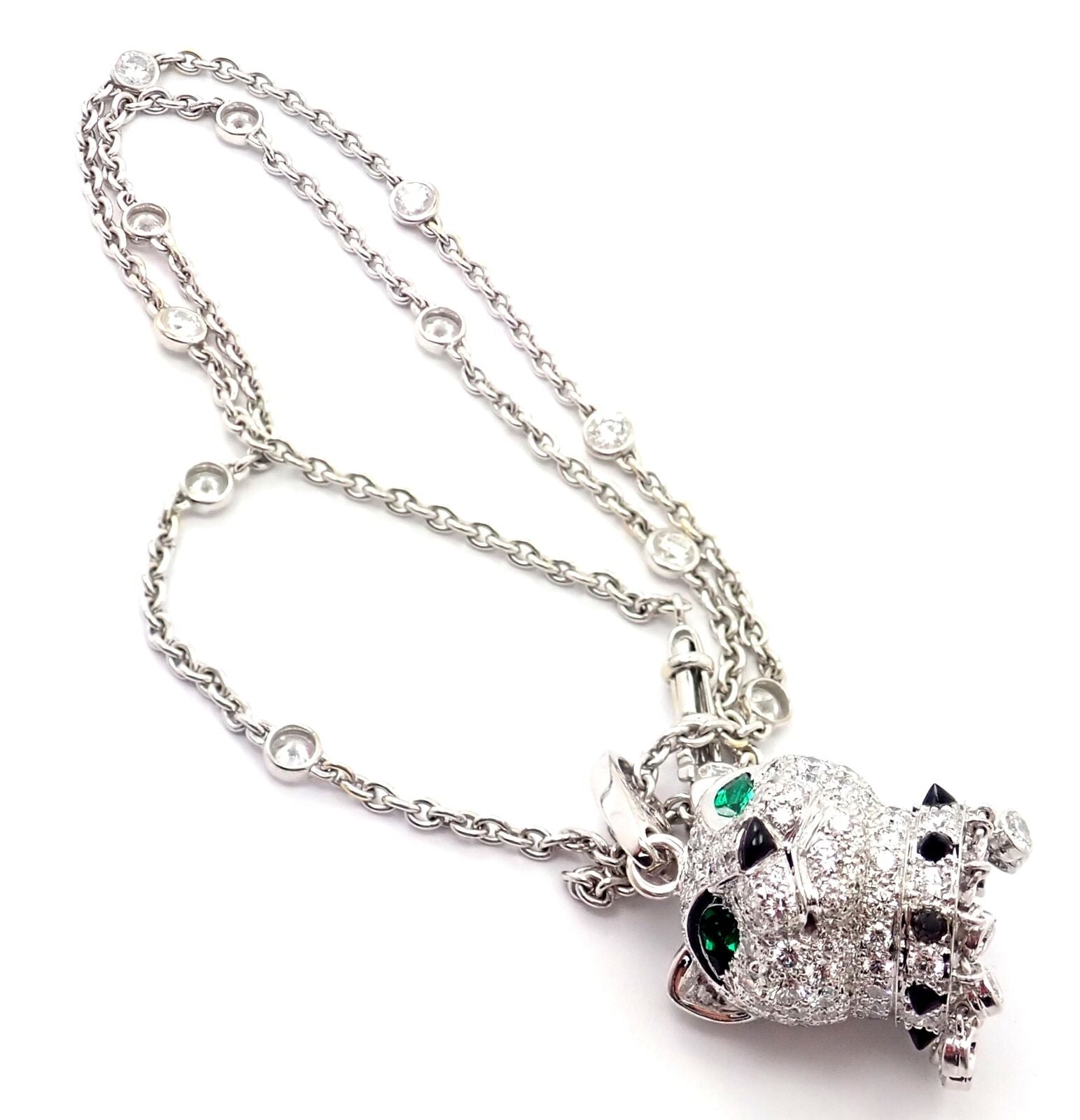 Authentic! Cartier Panther 18k White Gold Diamond Emerald Onyx Pendant Necklace | Fortrove