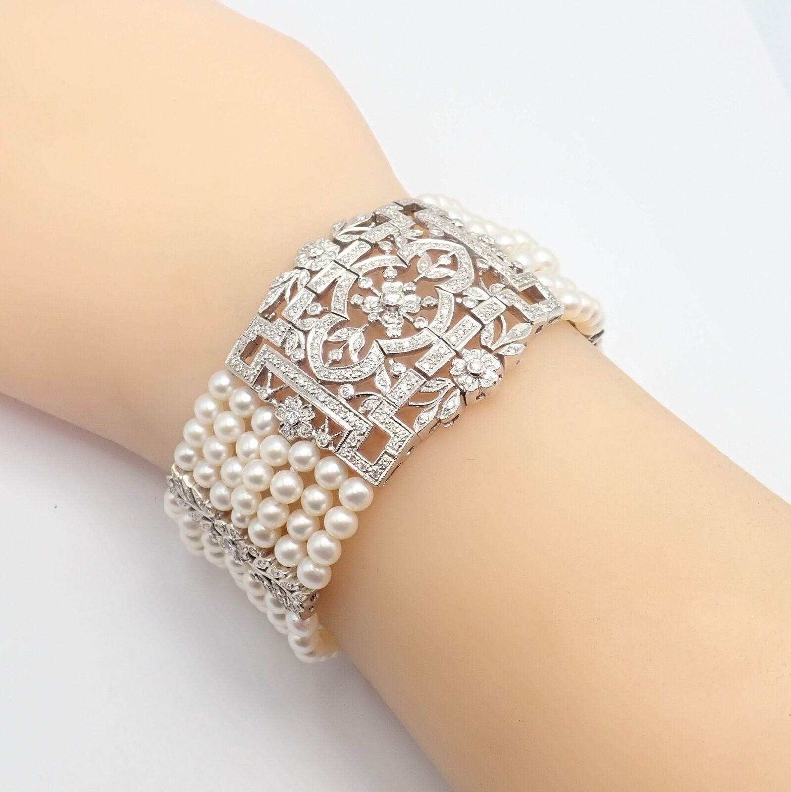 Vintage Estate 18k White Gold Diamond 7 Row 4.5mm Pearl Bracelet | Fortrove