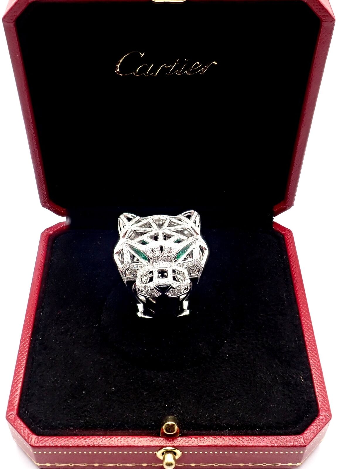 Cartier Panther Panthere 18k White Gold Emerald Diamond Paved Large Ring Size 54 | Fortrove
