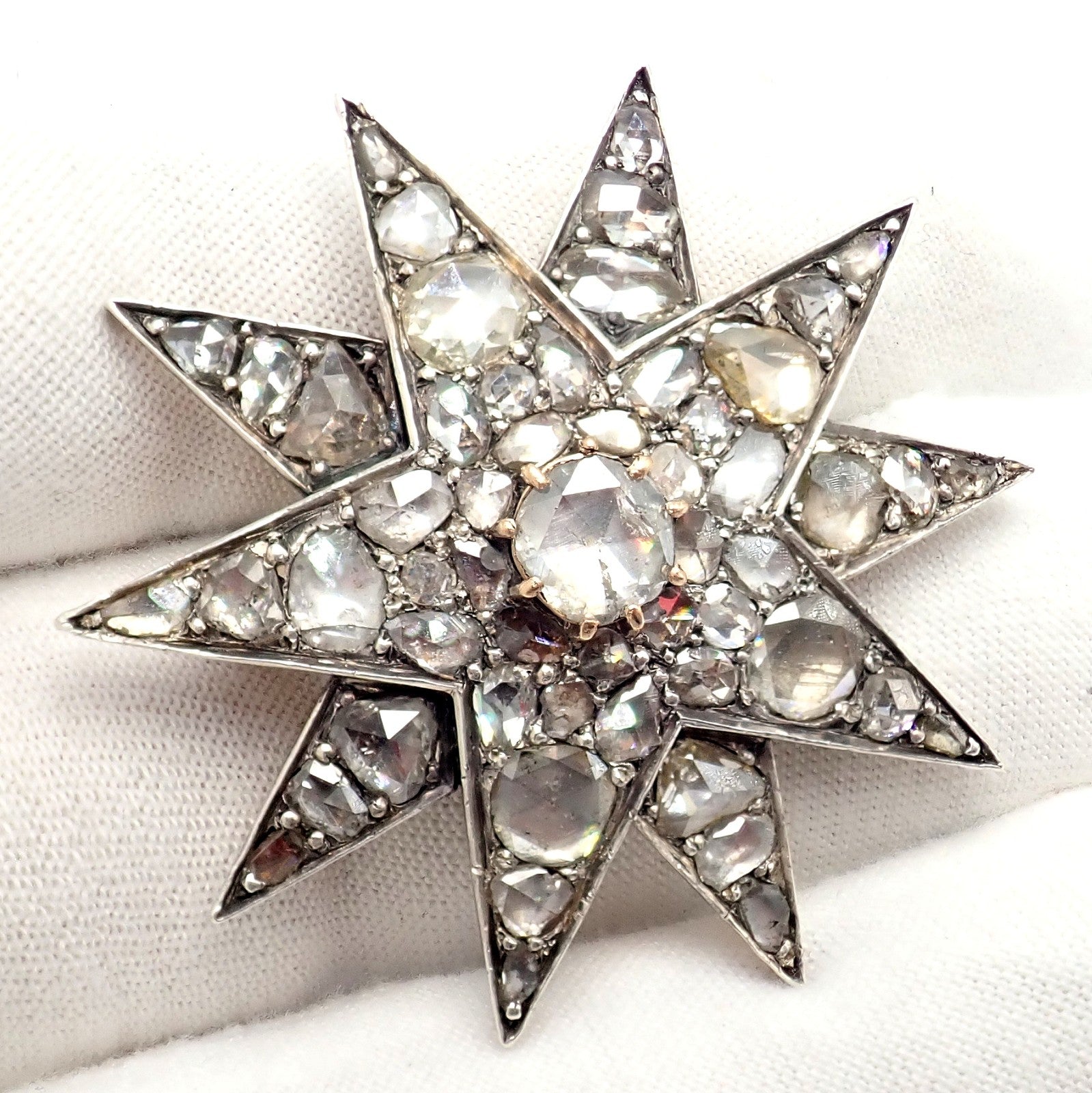 Antique 18k Gold + Silver Georgian Rose Cut Diamond Star Pin Brooch 1800's | Fortrove