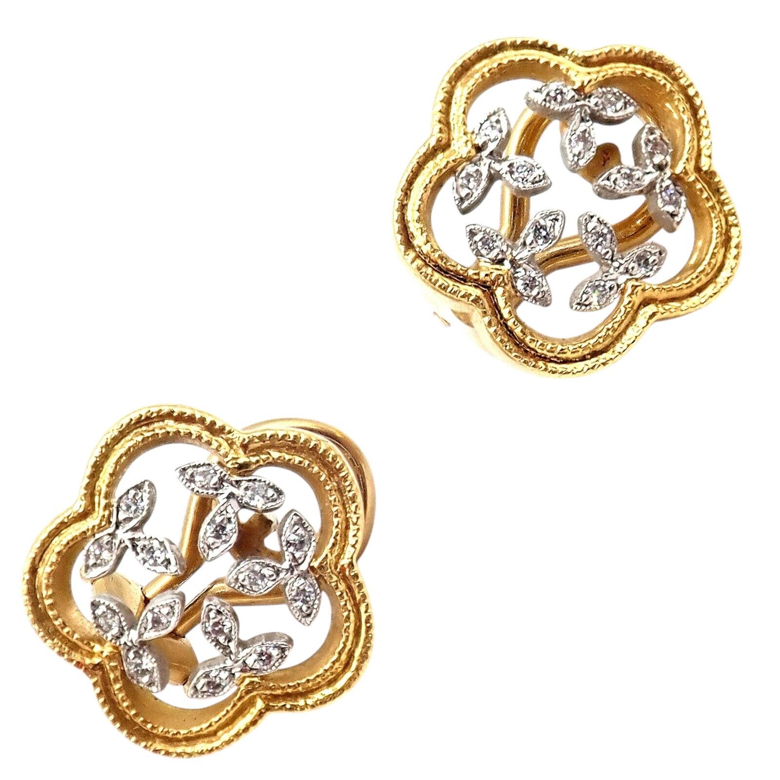 Authentic! Cathy Waterman 22k Yellow Gold Platinum Diamond Vine Flower Earrings | Fortrove