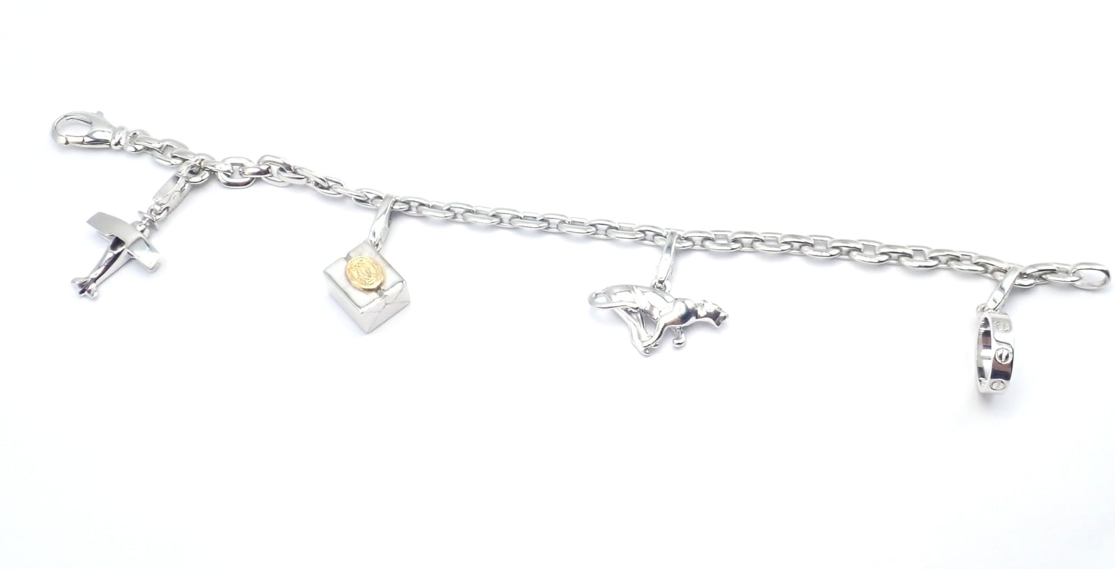 Cartier Jewelry & Watches:Fine Jewelry:Bracelets & Charms Authentic Cartier 18k White Gold 4 Charm Panther Airplane Love Box Link Bracelet