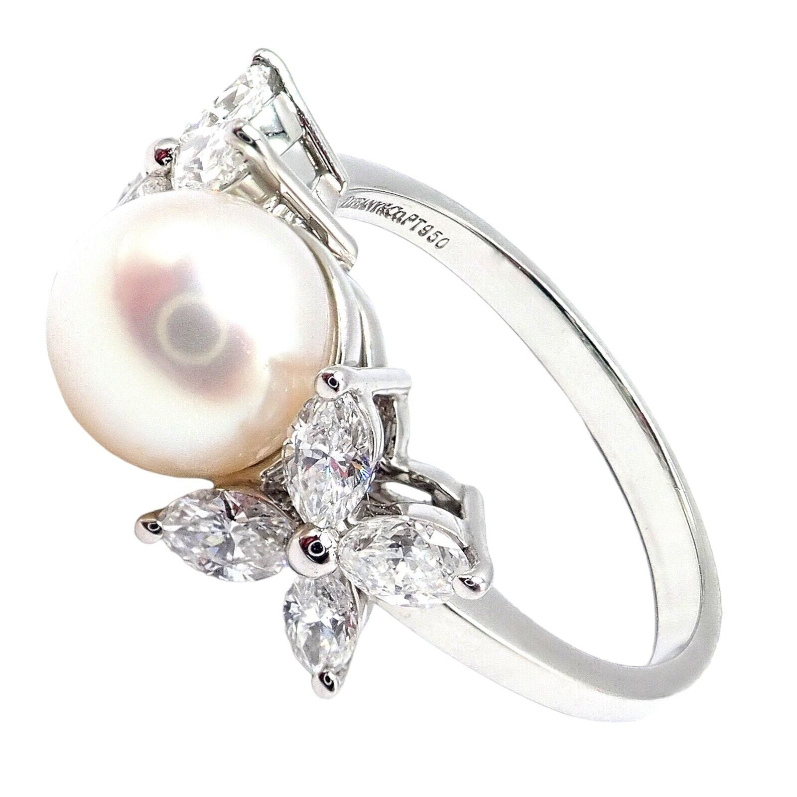 Authentic! Tiffany & Co Victoria Platinum Diamond 7.5mm Pearl Band Ring | Fortrove