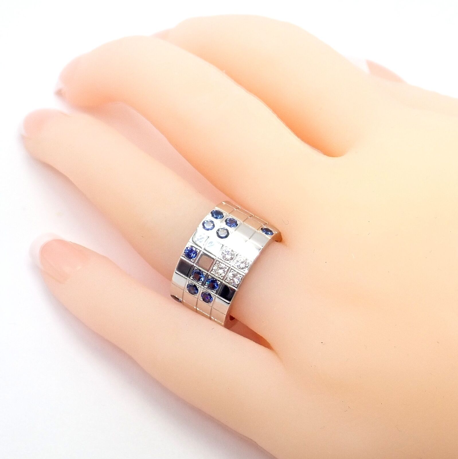 Cartier 18k White Gold Lanieres Diamond Blue Sapphire Wide Band Ring 53 6.5 | Fortrove
