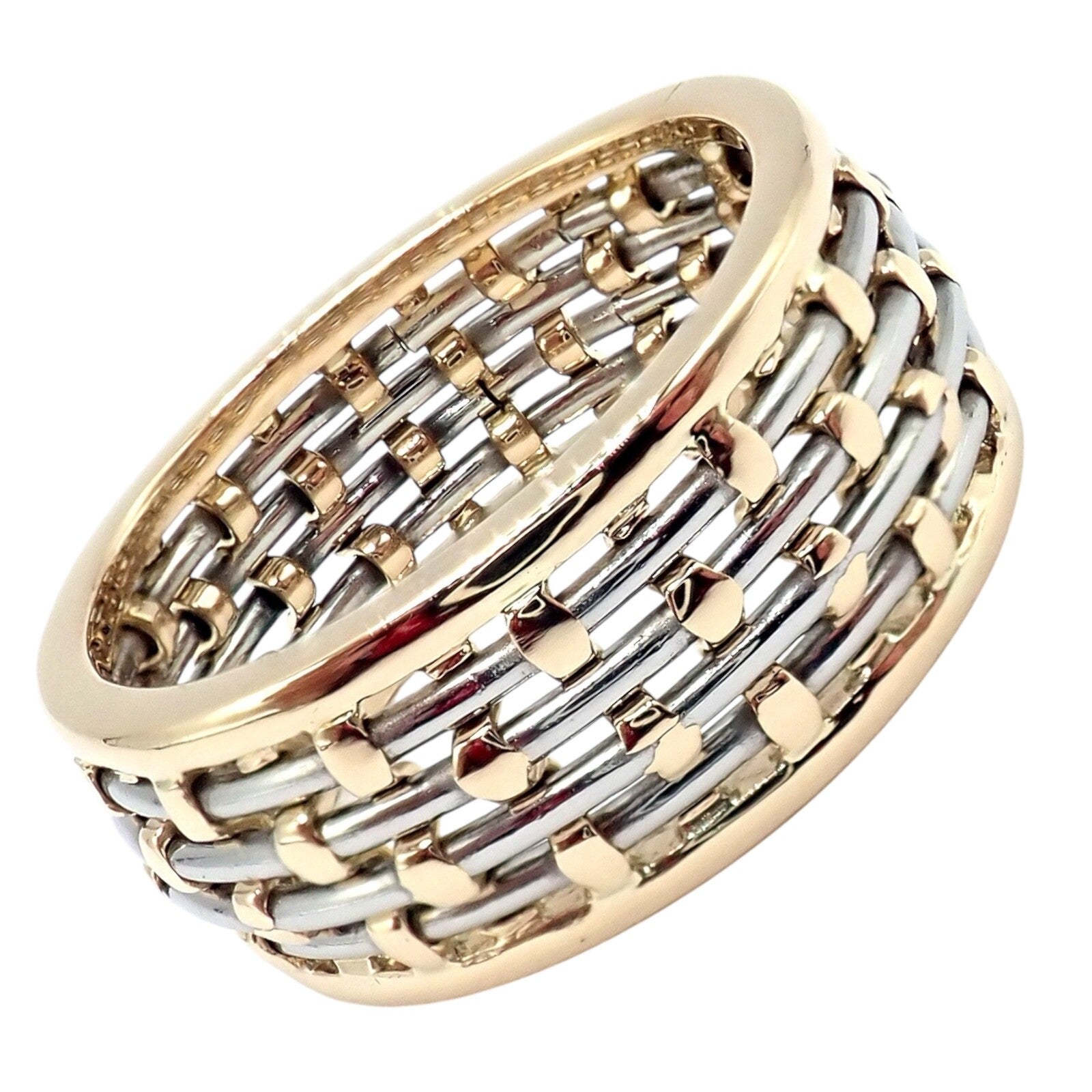 Authentic! Cartier 18k Yellow Gold + SS Basket Weave Ring + Earrings Set | Fortrove