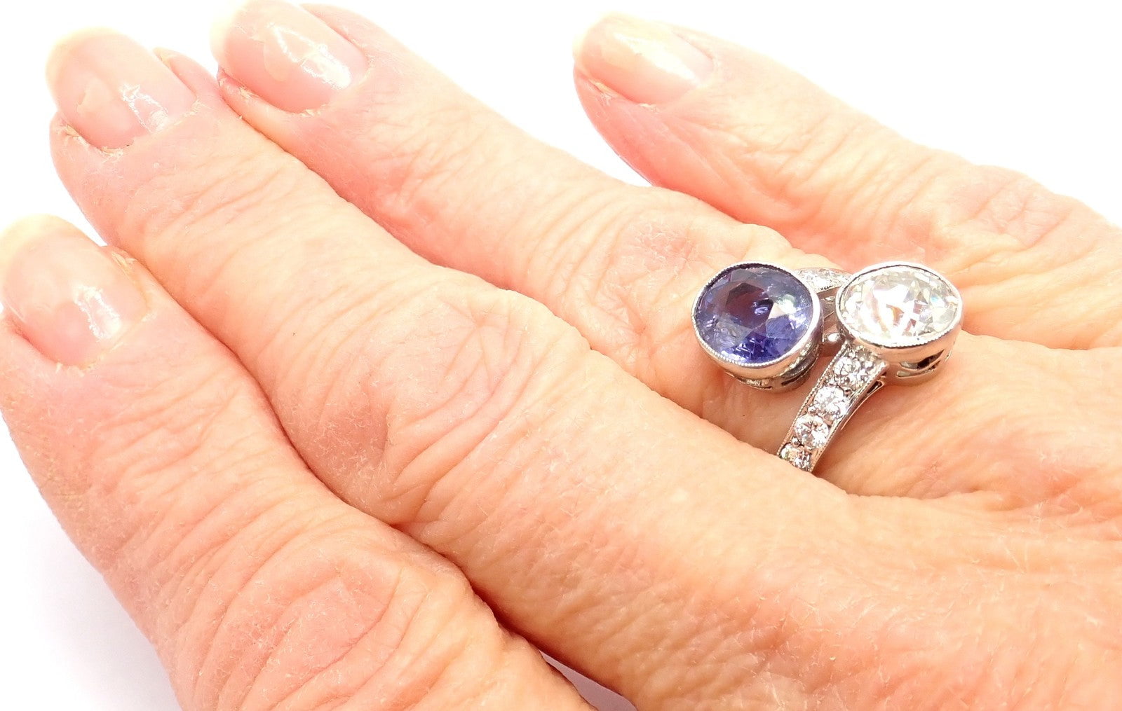 Estate Jewelry & Watches:Vintage & Antique Jewelry:Rings Vintage Estate Platinum Diamond Sapphire Art Deco Crossover Ring