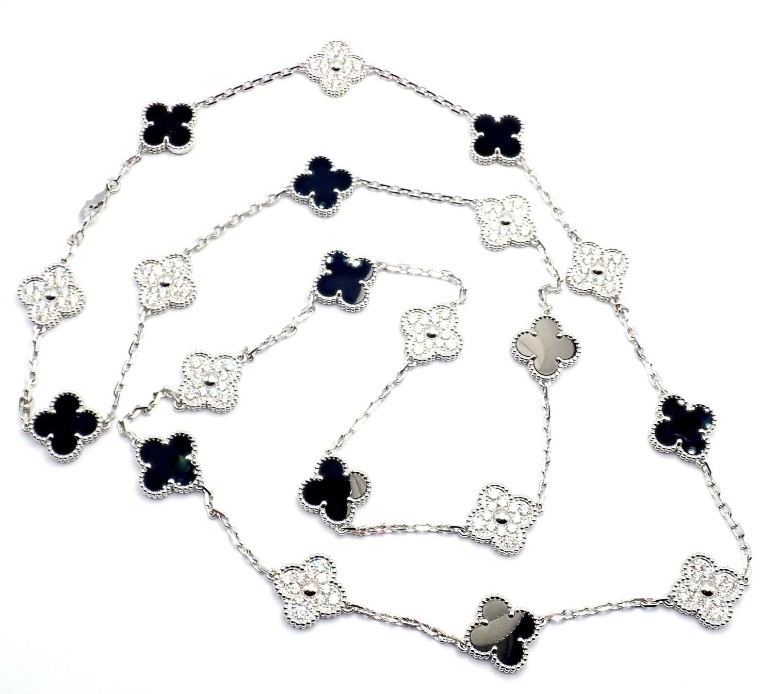 Van Cleef & Arpels 18k Gold 20 Motif Vintage Alhambra Diamond Onyx Necklace Cert | Fortrove