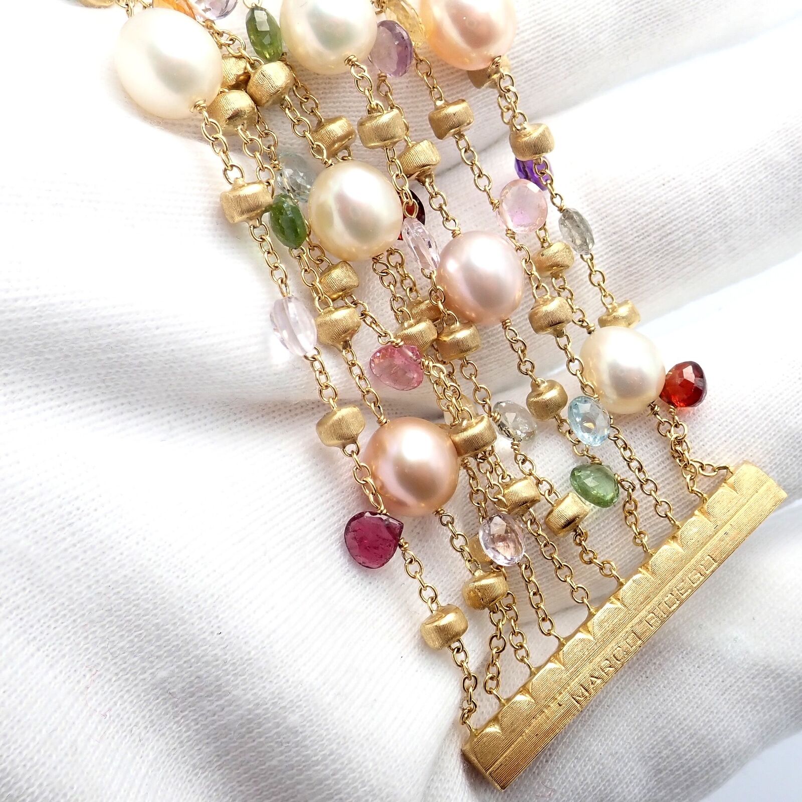 Marco Bicego 18k Yellow Gold Ten Stand Pearl Multicolor Stones Paradise Bracelet | Fortrove