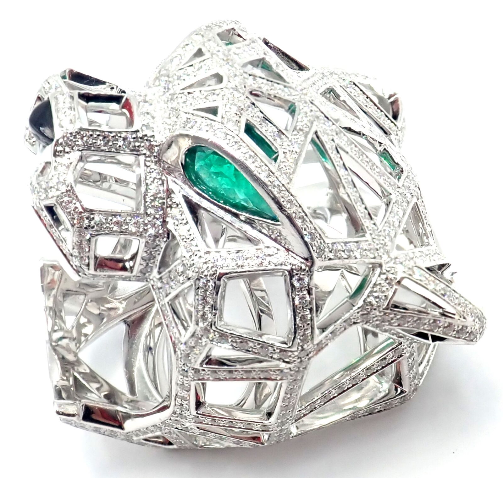 Cartier Panther Panthere 18k White Gold Emerald Diamond Paved Large Ring Size 54 | Fortrove